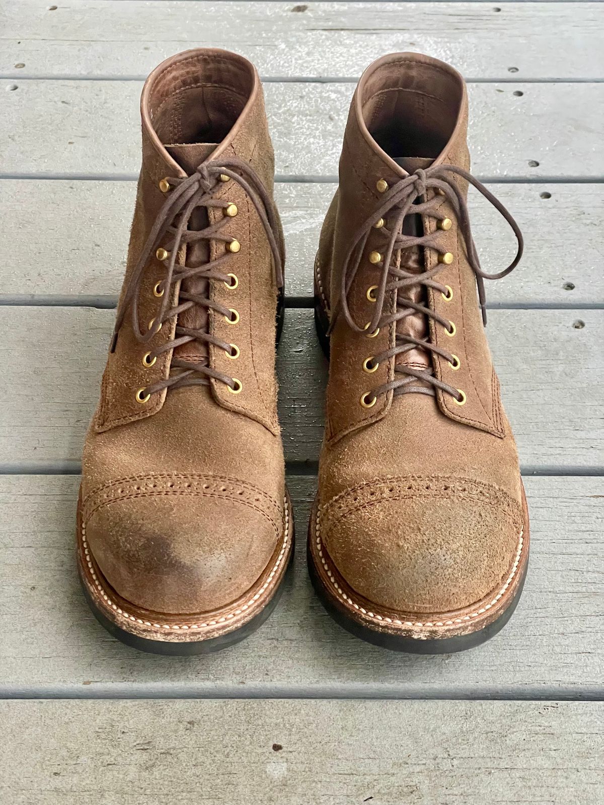 Photo by goodboots_badfeet on December 3, 2023 of the John Lofgren Combat Boots in Horween Natural Chromexcel Roughout.
