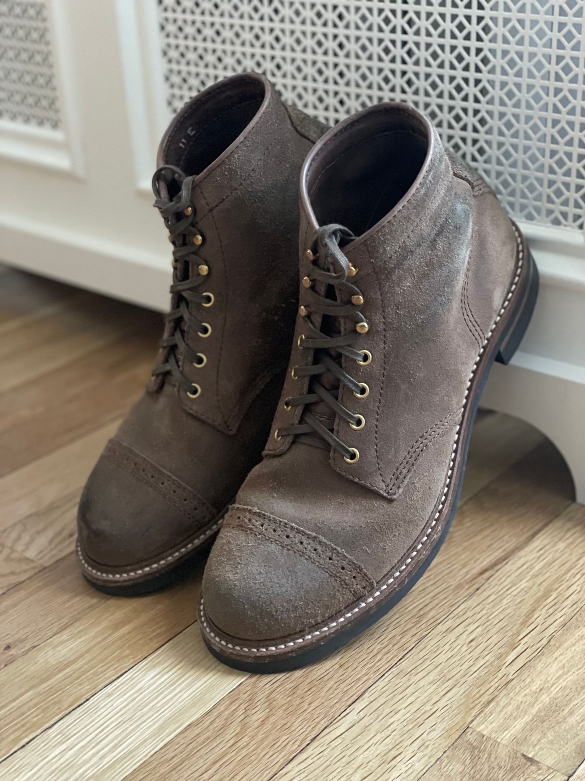 Photo by goodboots_badfeet on February 4, 2024 of the John Lofgren Combat Boots in Horween Natural Chromexcel Roughout.