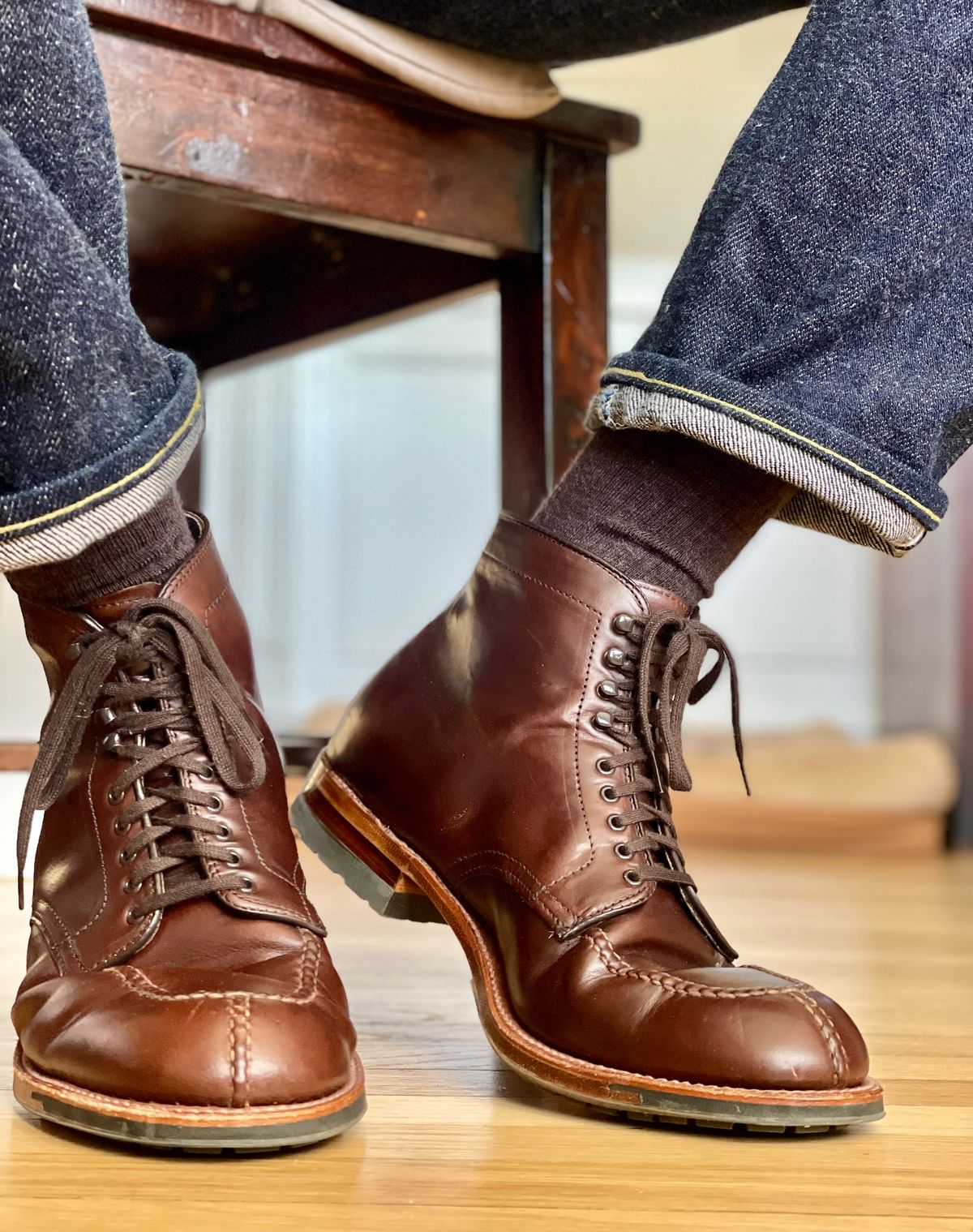 Photo by goodboots_badfeet on November 4, 2025 of the Alden x Brick + Mortar Brigadier Boot in Horween Brown Chromexcel.
