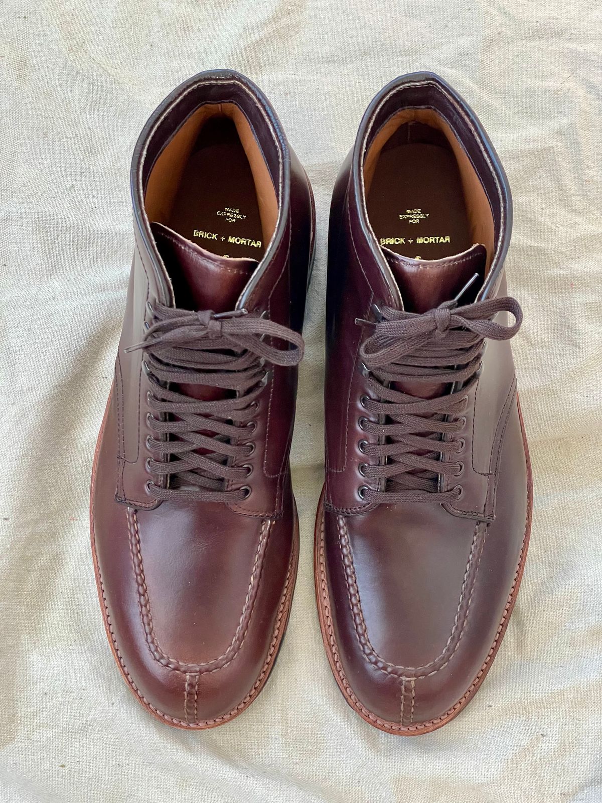 Photo by goodboots_badfeet on November 1, 2025 of the Alden x Brick + Mortar Brigadier Boot in Horween Brown Chromexcel.