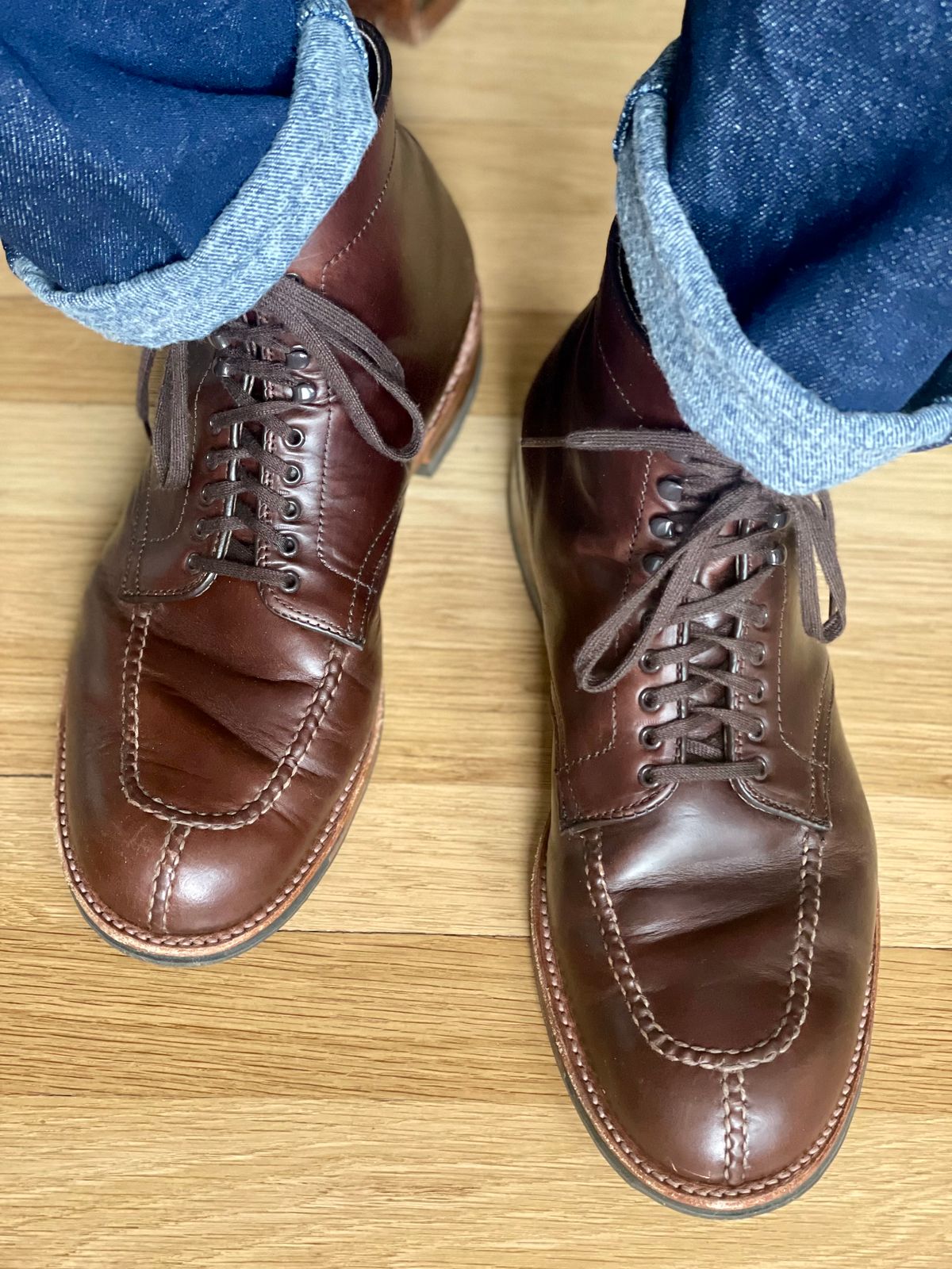 Photo by goodboots_badfeet on November 11, 2025 of the Alden x Brick + Mortar Brigadier Boot in Horween Brown Chromexcel.