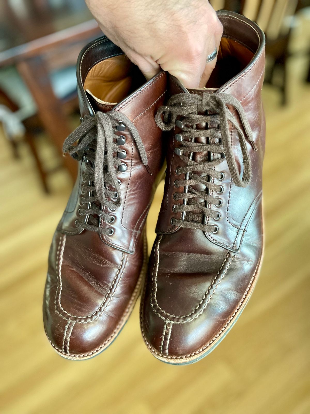Photo by goodboots_badfeet on December 3, 2025 of the Alden x Brick + Mortar Brigadier Boot in Horween Brown Chromexcel.