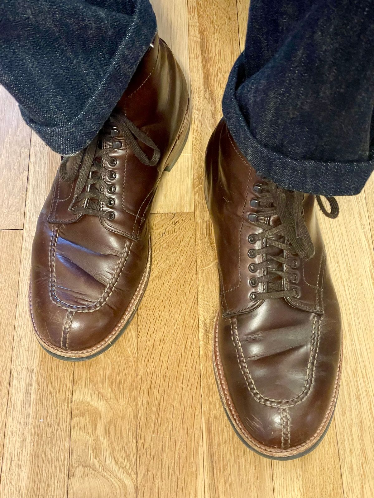 Photo by goodboots_badfeet on December 4, 2025 of the Alden x Brick + Mortar Brigadier Boot in Horween Brown Chromexcel.