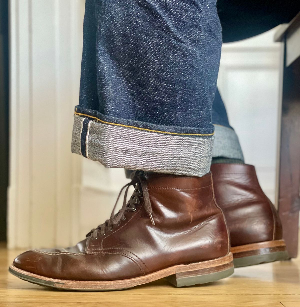 Photo by goodboots_badfeet on January 21, 2026 of the Alden x Brick + Mortar Brigadier Boot in Horween Brown Chromexcel.