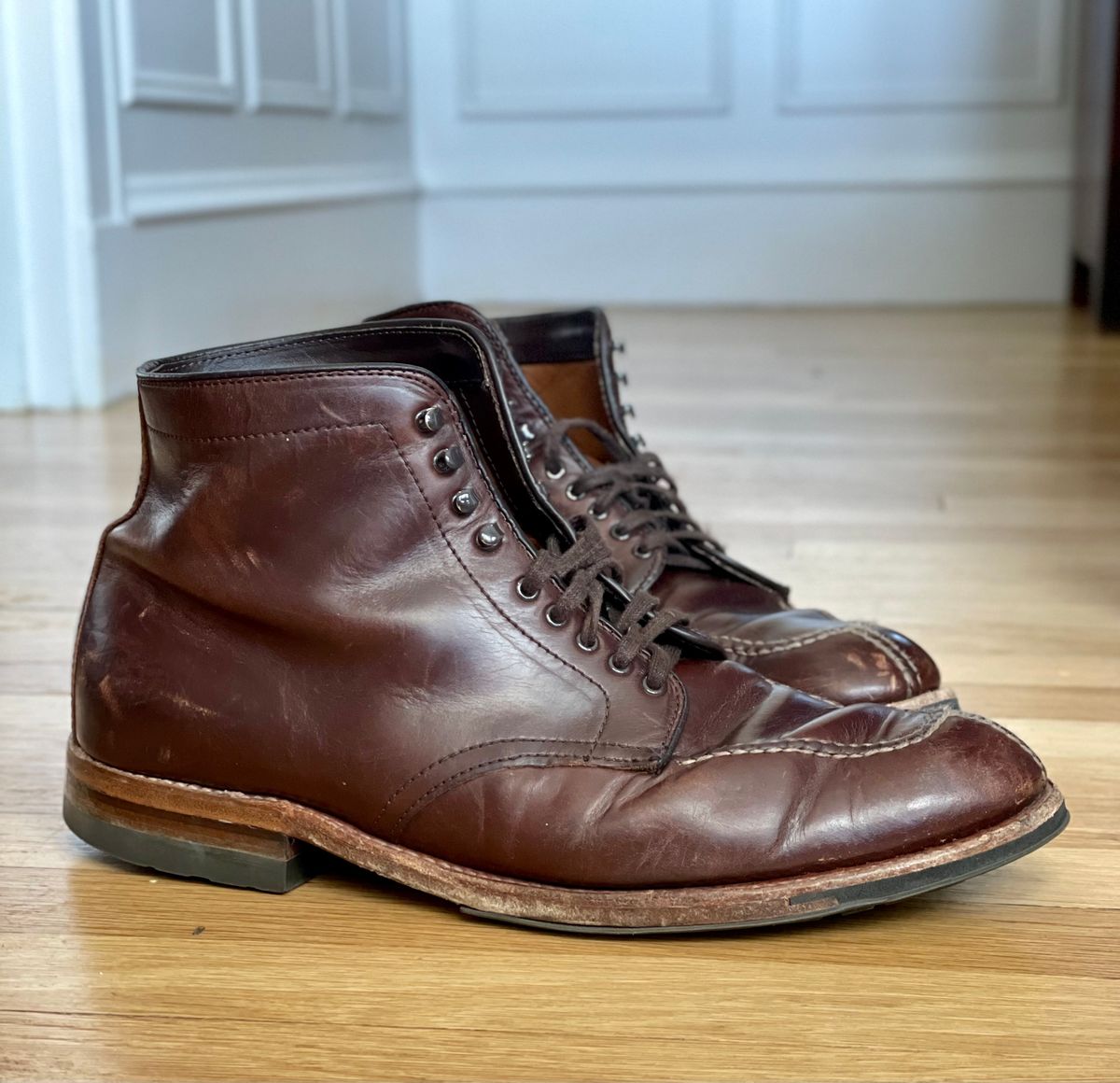 Photo by goodboots_badfeet on February 26, 2026 of the Alden x Brick + Mortar Brigadier Boot in Horween Brown Chromexcel.