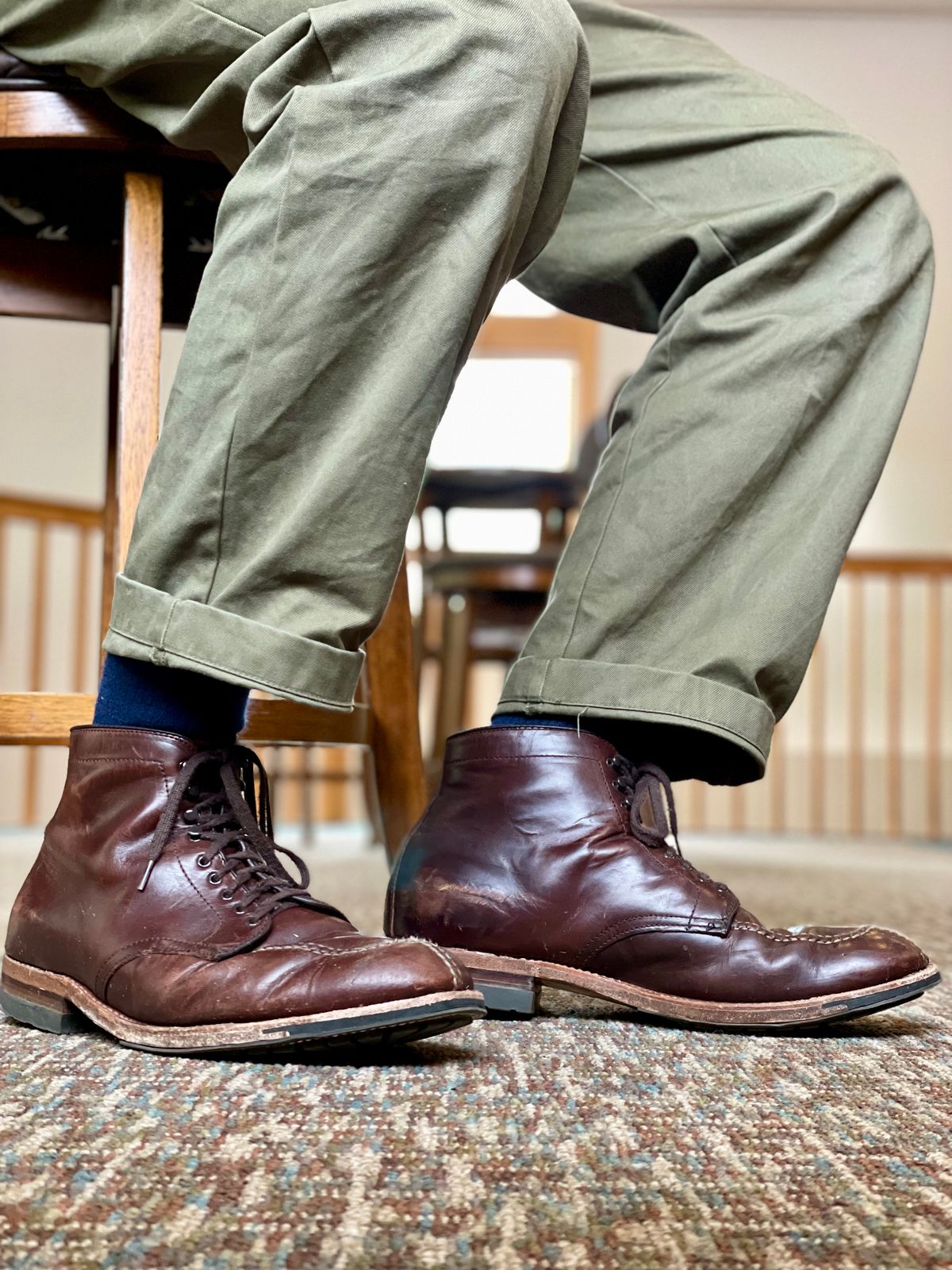 Photo by goodboots_badfeet on March 8, 2026 of the Alden x Brick + Mortar Brigadier Boot in Horween Brown Chromexcel.