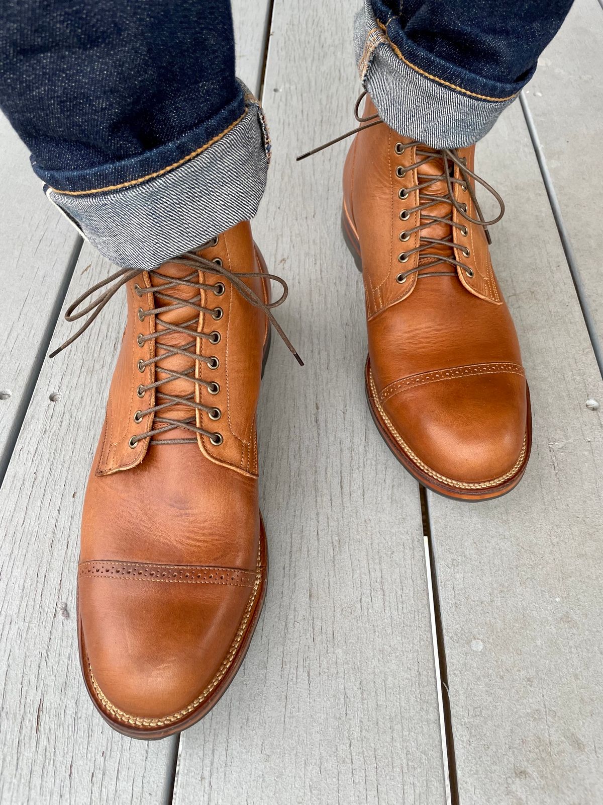 Photo by goodboots_badfeet on January 6, 2023 of the Viberg Service Boot BCT in Horween Coconut Dublin.