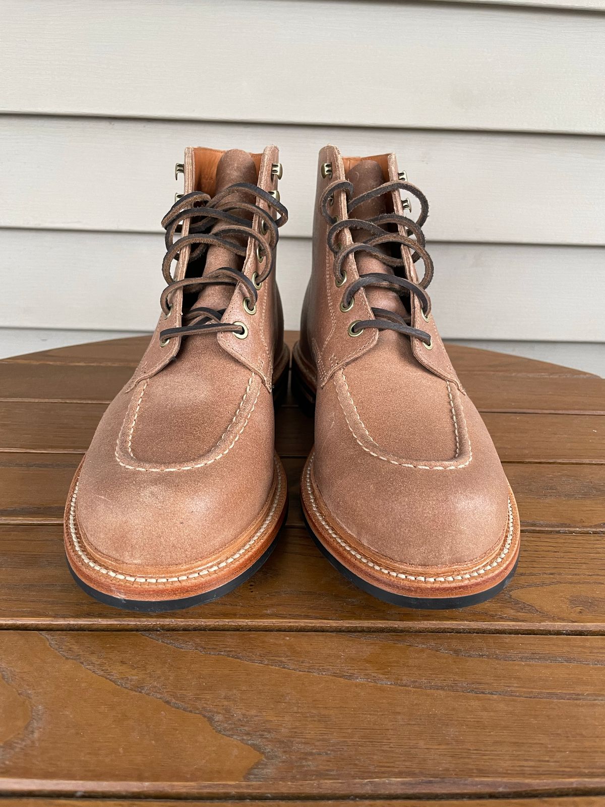 Photo by goodboots_badfeet on November 1, 2022 of the Grant Stone Brass Boot in C.F. Stead Natural Waxy Commander Suede.