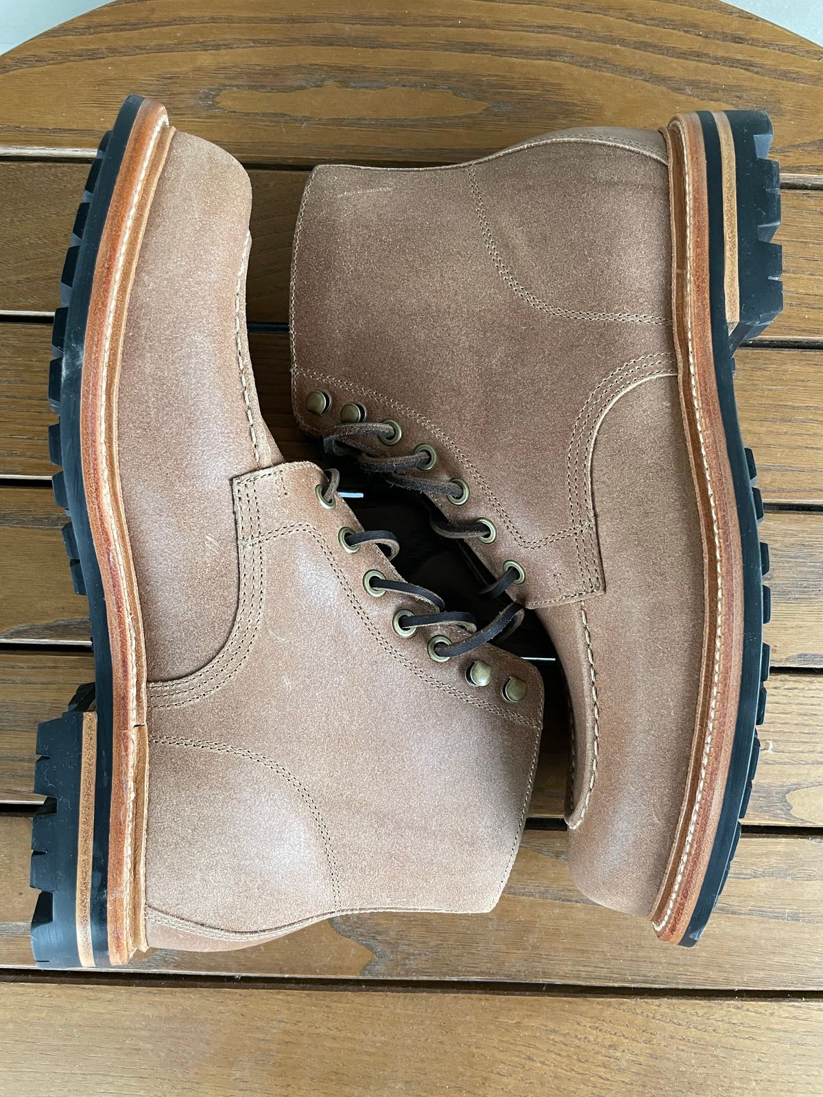 Photo by goodboots_badfeet on November 1, 2022 of the Grant Stone Brass Boot in C.F. Stead Natural Waxy Commander Suede.