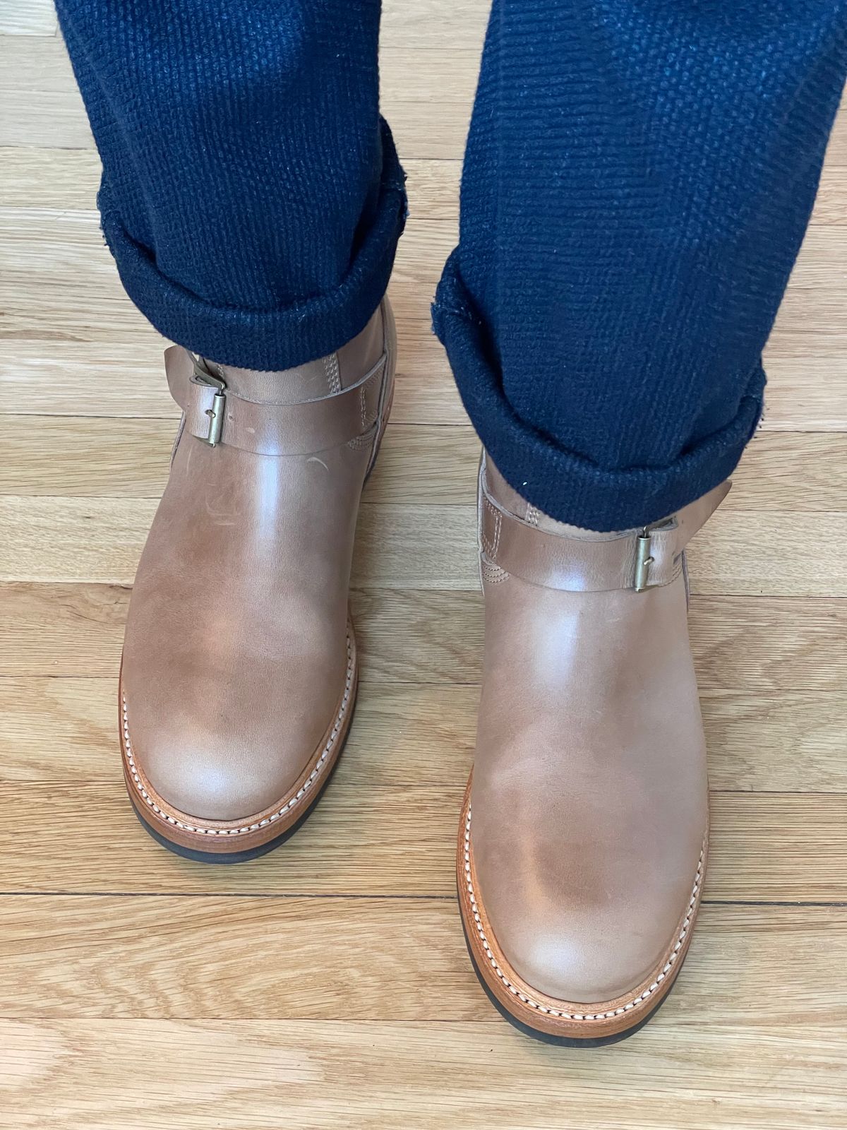 Photo by goodboots_badfeet on October 19, 2023 of the John Lofgren Wabash Engineer Boots in Horween Natural Chromexcel.