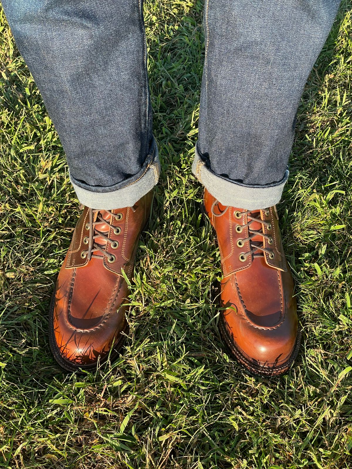 Photo by goodboots_badfeet on August 30, 2024 of the Grant Stone Brass Boot in Horween Garnet Shell Cordovan.