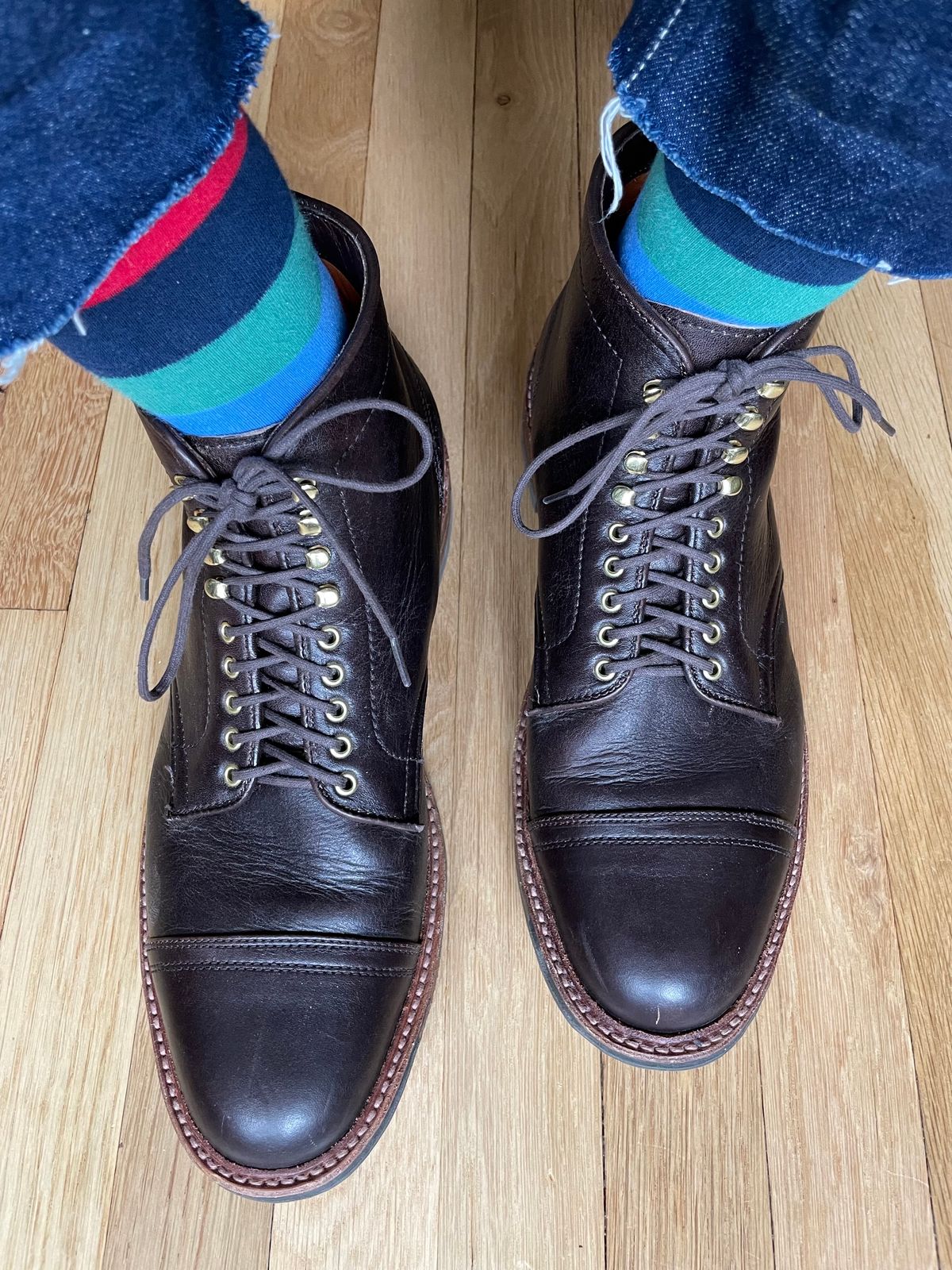 Photo by goodboots_badfeet on July 3, 2023 of the Alden x Stitchdown Stitchup 2.0 in Horween Arabica Lux Calfskin.