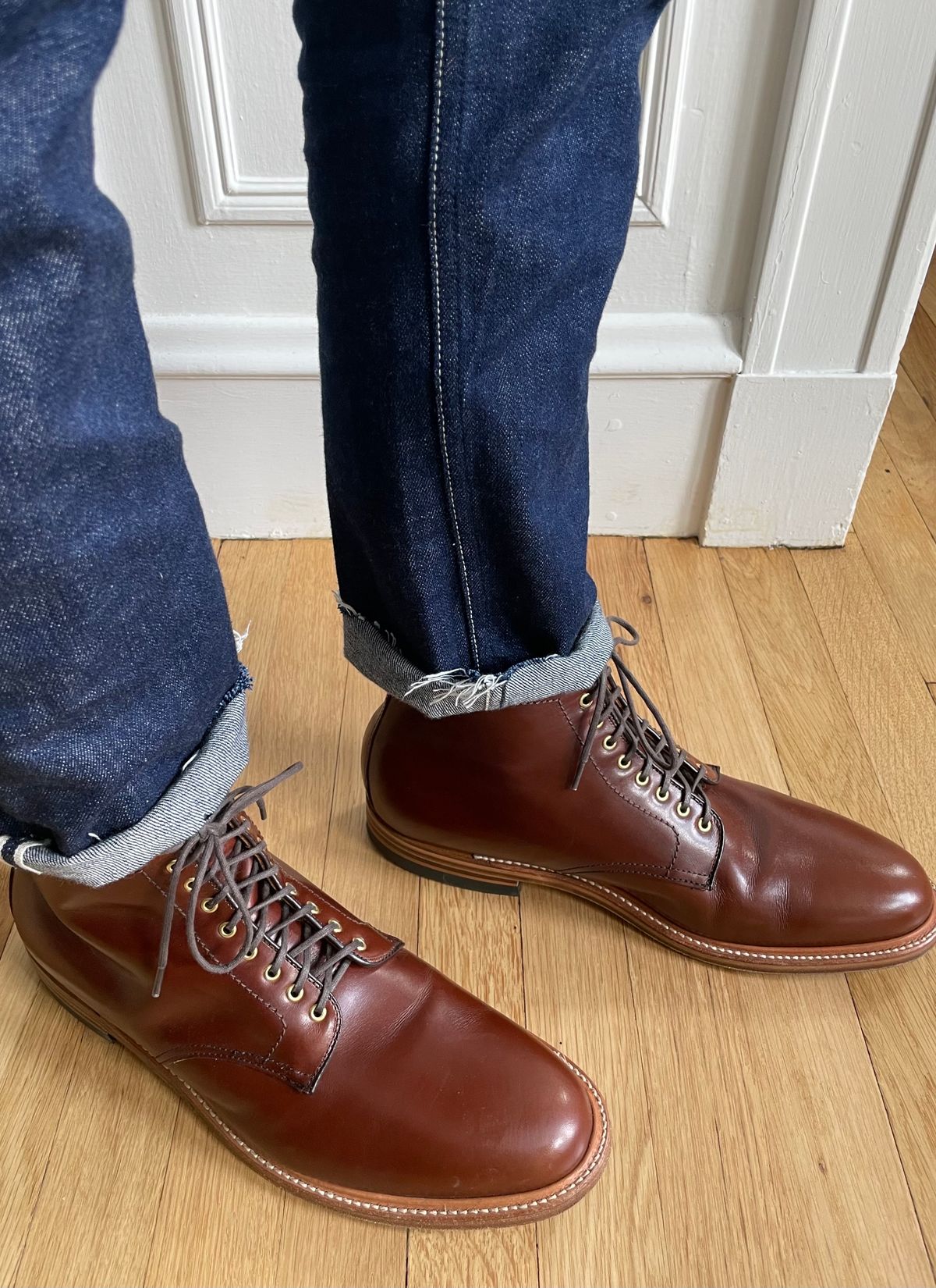 Photo by goodboots_badfeet on June 23, 2023 of the Alden Plain Toe Boot in D’Annonay Walnut Calf.