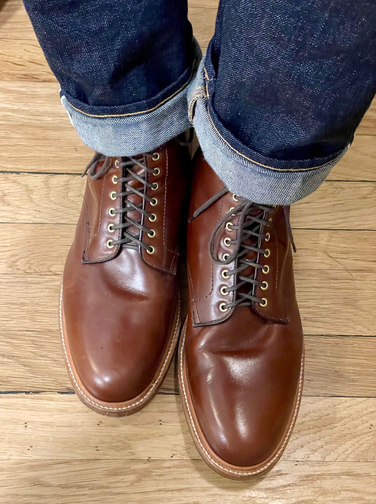 Photo by goodboots_badfeet on December 10, 2023 of the Alden Plain Toe Boot in D’Annonay Walnut Calf.