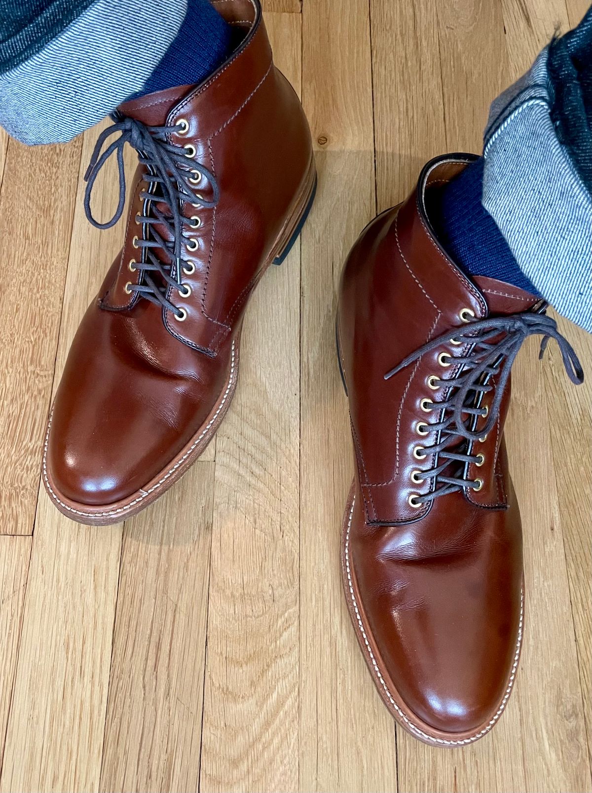 Photo by goodboots_badfeet on January 31, 2024 of the Alden Plain Toe Boot in D’Annonay Walnut Calf.