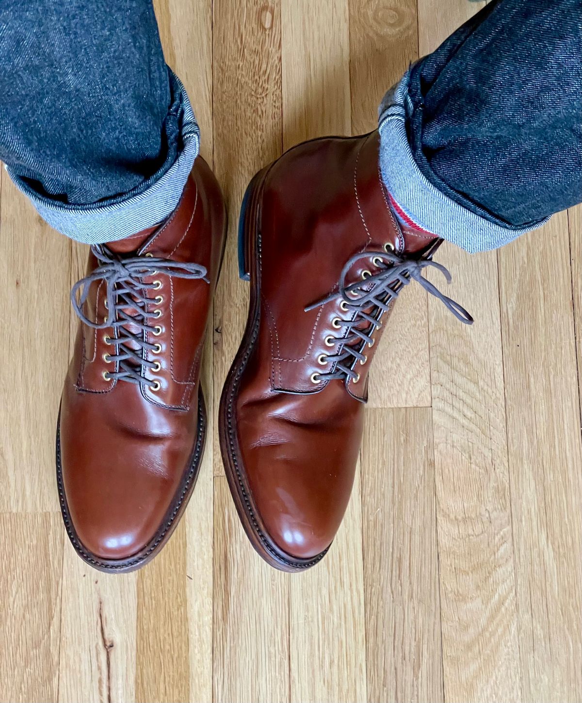 Photo by goodboots_badfeet on September 18, 2024 of the Alden Plain Toe Boot in D’Annonay Walnut Calf.