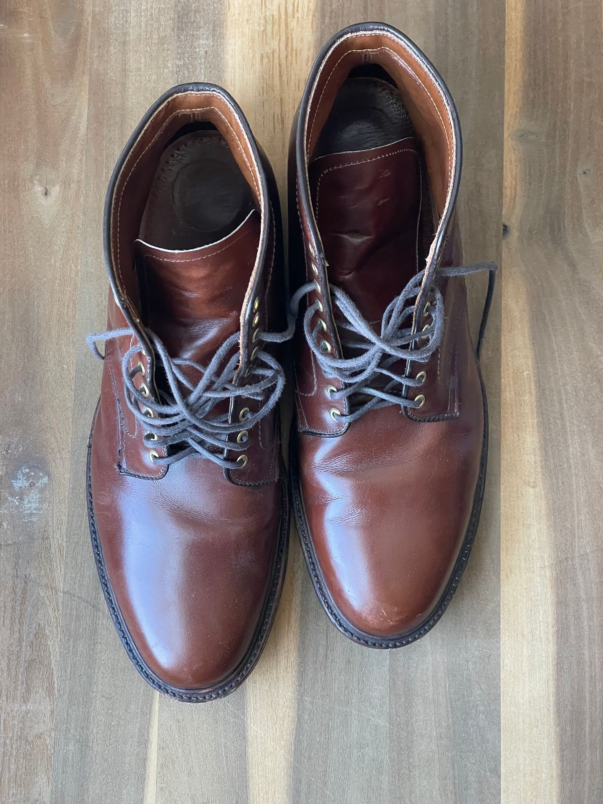 Photo by goodboots_badfeet on March 3, 2025 of the Alden Plain Toe Boot in D’Annonay Walnut Calf.