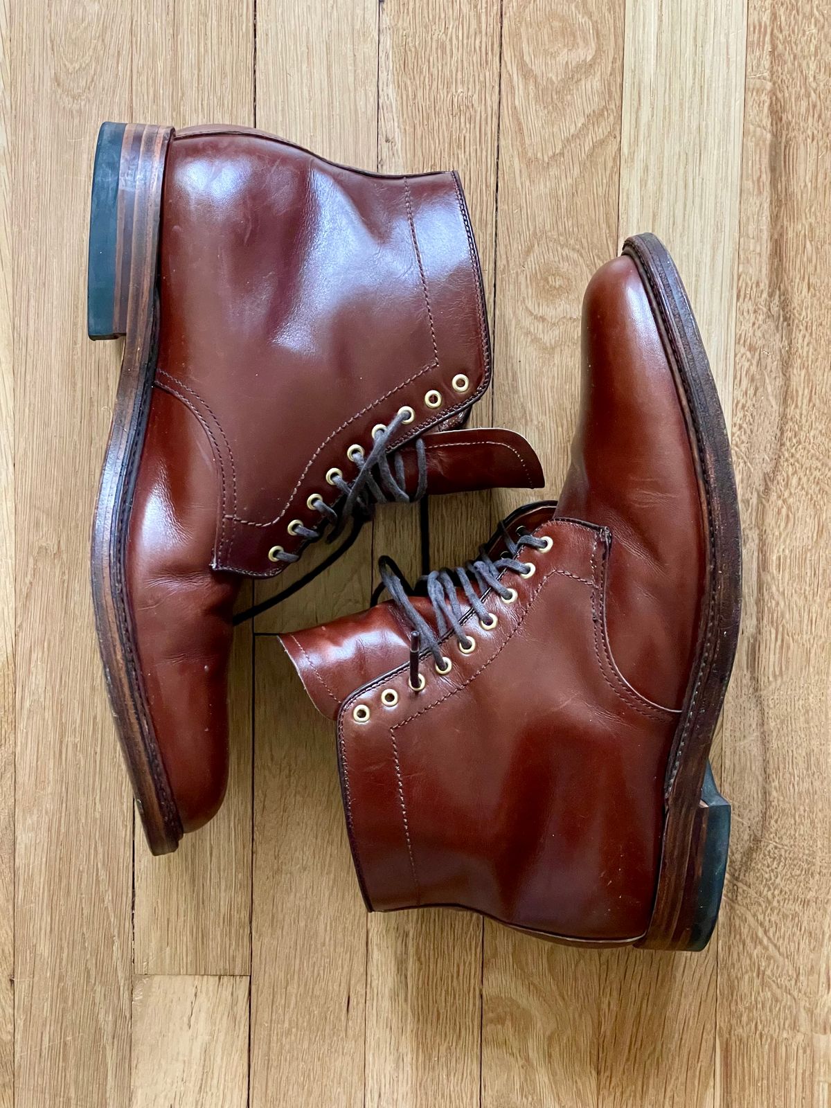 Photo by goodboots_badfeet on March 7, 2025 of the Alden Plain Toe Boot in D’Annonay Walnut Calf.