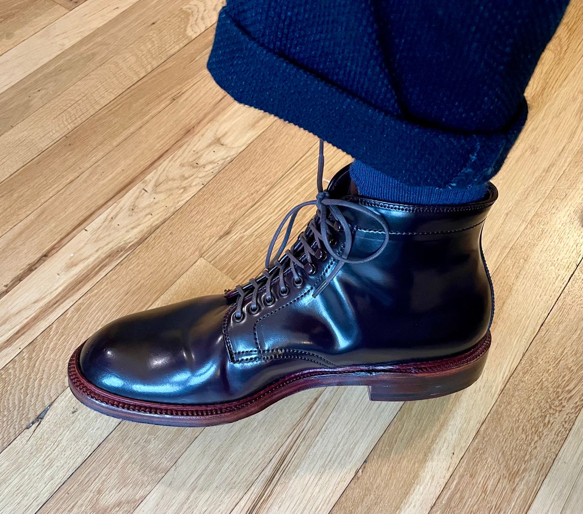 Photo by goodboots_badfeet on February 9, 2024 of the Alden x Leffot Villager Boot in Horween Color 8 Shell Cordovan.