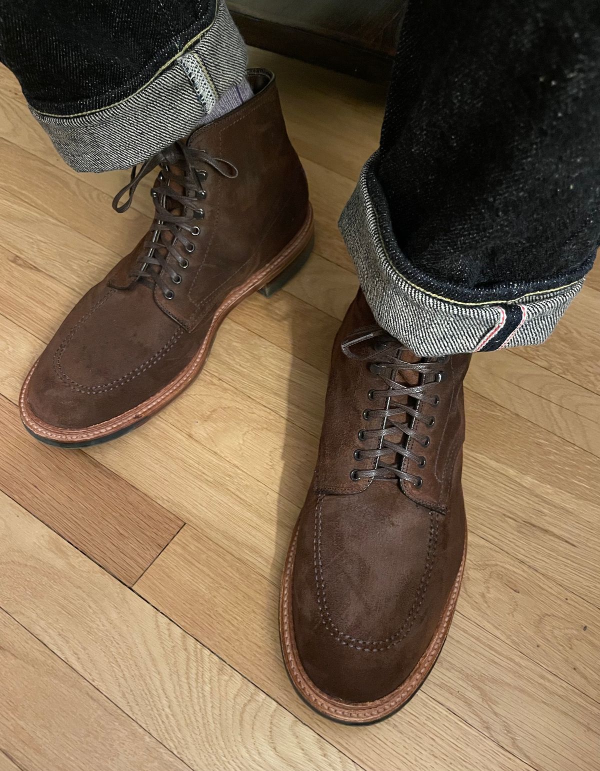 Photo by goodboots_badfeet on January 6, 2025 of the Alden x Brick + Mortar “Okanagan” Indy in Horween Tobacco Chamois Roughout.