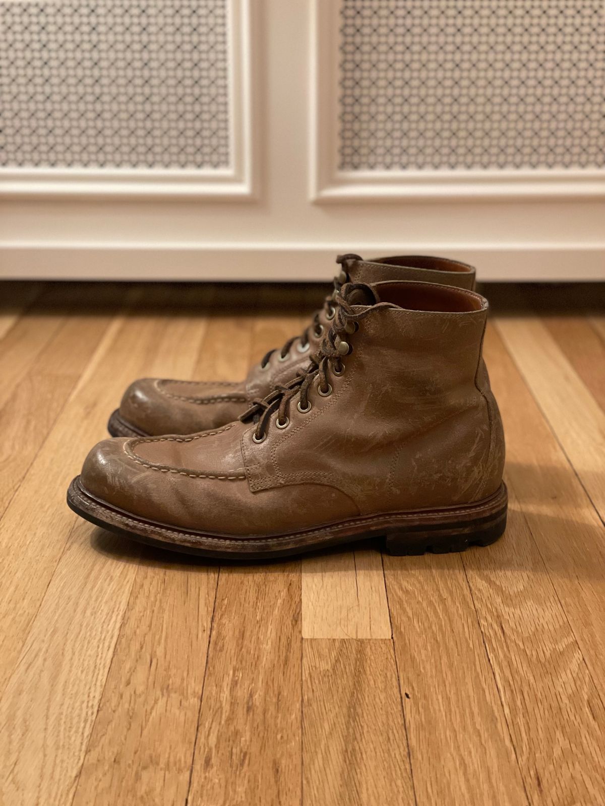 Photo by goodboots_badfeet on September 4, 2023 of the Grant Stone Brass Boot in C.F. Stead Natural Waxy Commander Suede.