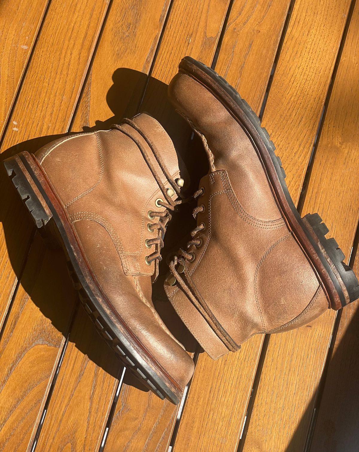 Photo by goodboots_badfeet on August 16, 2025 of the Grant Stone Brass Boot in C.F. Stead Natural Waxy Commander Suede.
