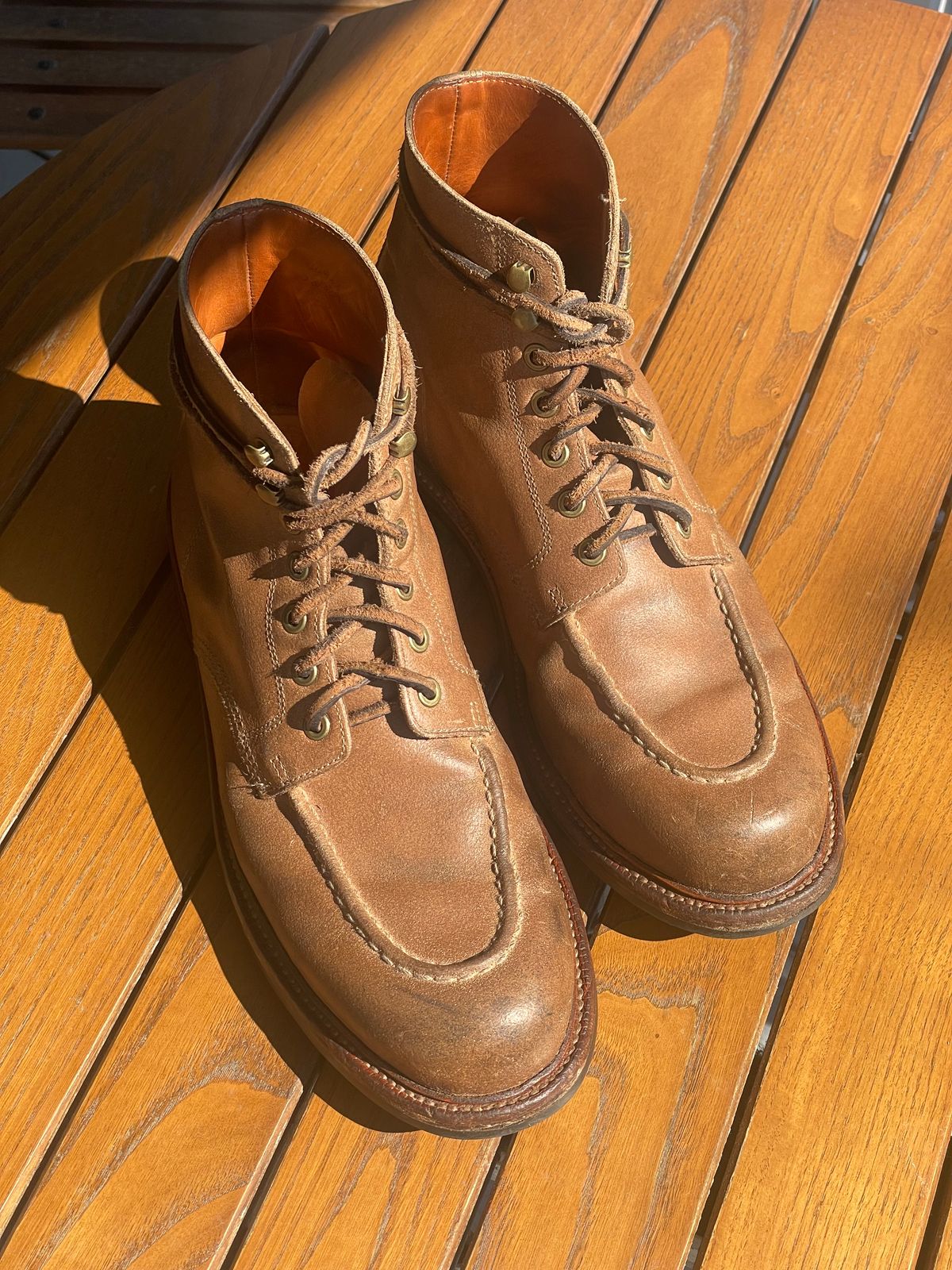 Photo by goodboots_badfeet on August 16, 2025 of the Grant Stone Brass Boot in C.F. Stead Natural Waxy Commander Suede.