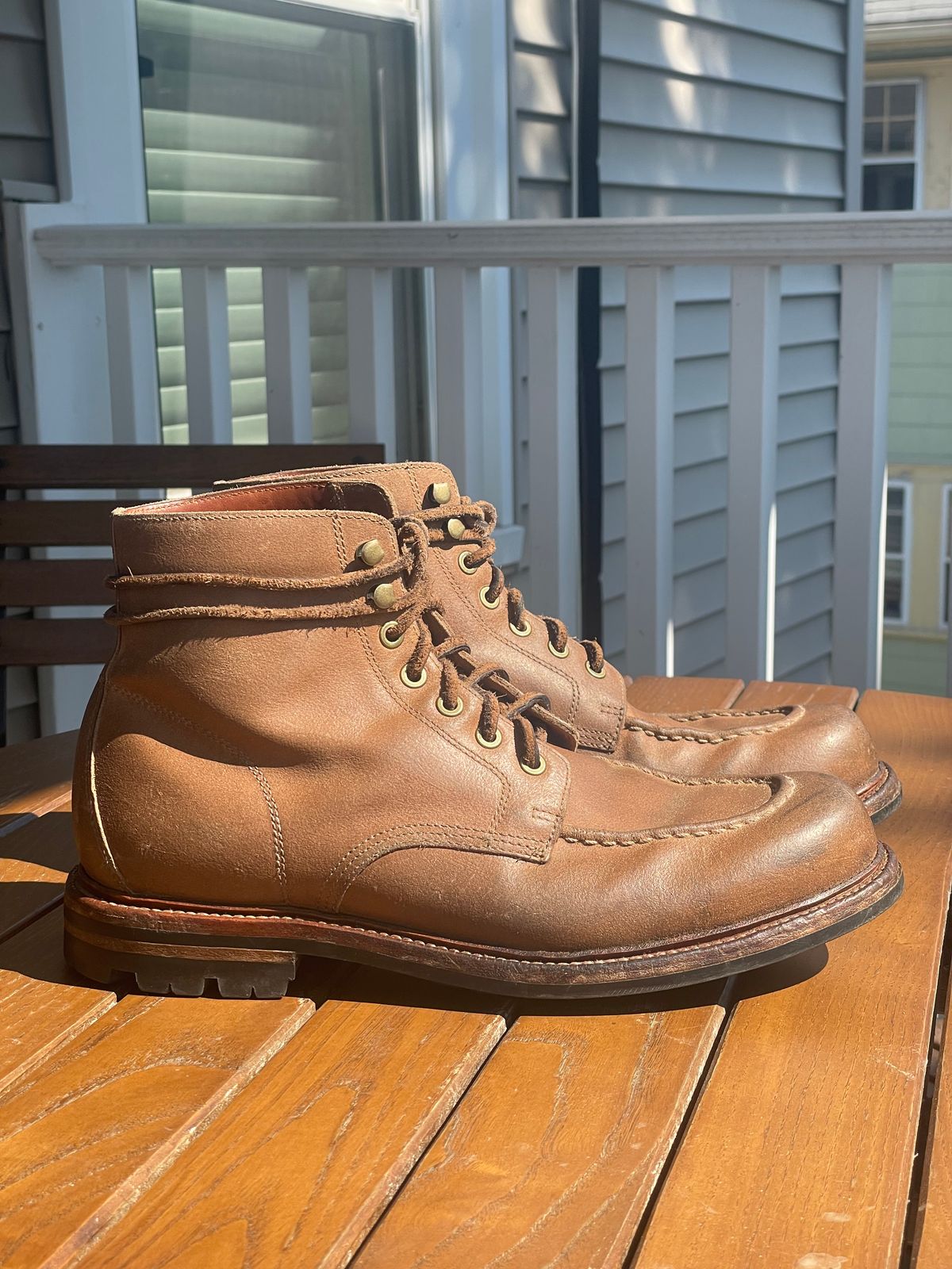 Photo by goodboots_badfeet on August 16, 2025 of the Grant Stone Brass Boot in C.F. Stead Natural Waxy Commander Suede.