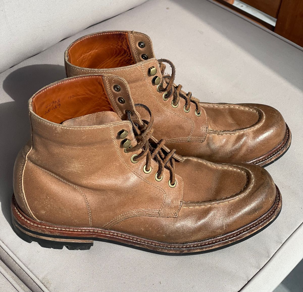 Photo by goodboots_badfeet on September 14, 2025 of the Grant Stone Brass Boot in C.F. Stead Natural Waxy Commander Suede.