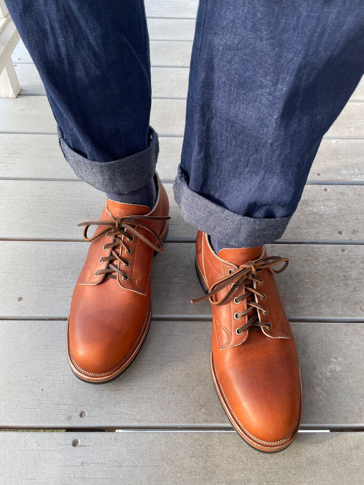 Photo by goodboots_badfeet on October 12, 2023 of the Viberg 145 Oxford in Horween Saddle Tan Chromepak.