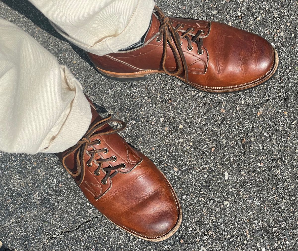 Photo by goodboots_badfeet on July 26, 2024 of the Viberg 145 Oxford in Horween Saddle Tan Chromepak.