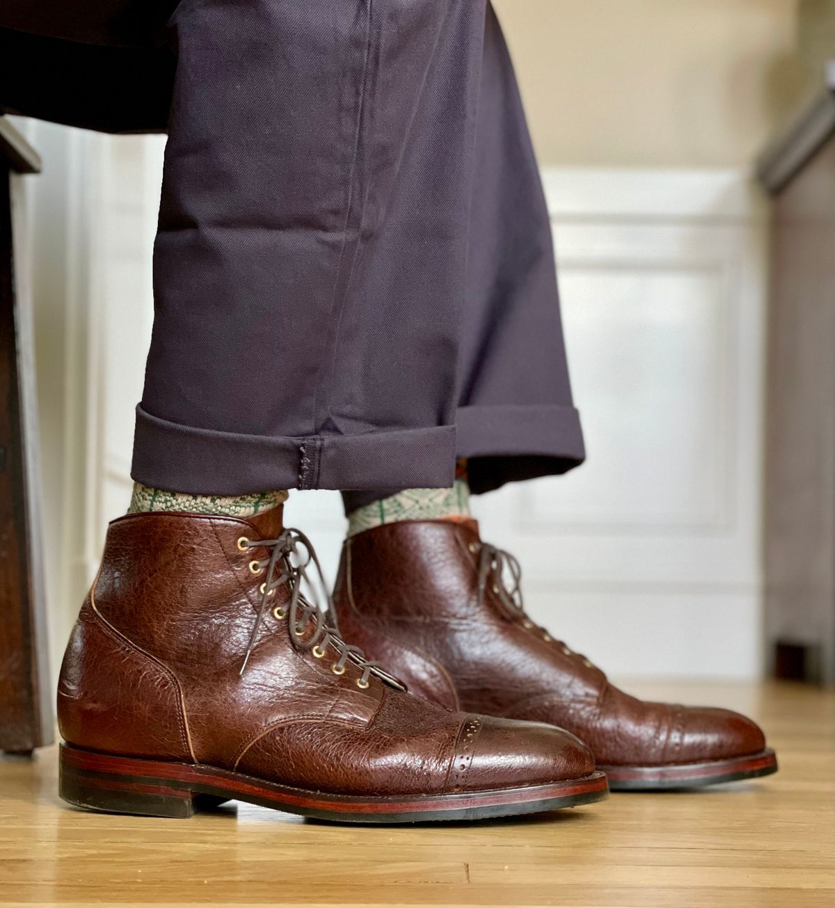 Photo by goodboots_badfeet on September 3, 2025 of the Grant Stone Garrison Boot in C.F. Stead Crimson Classic Kudu.