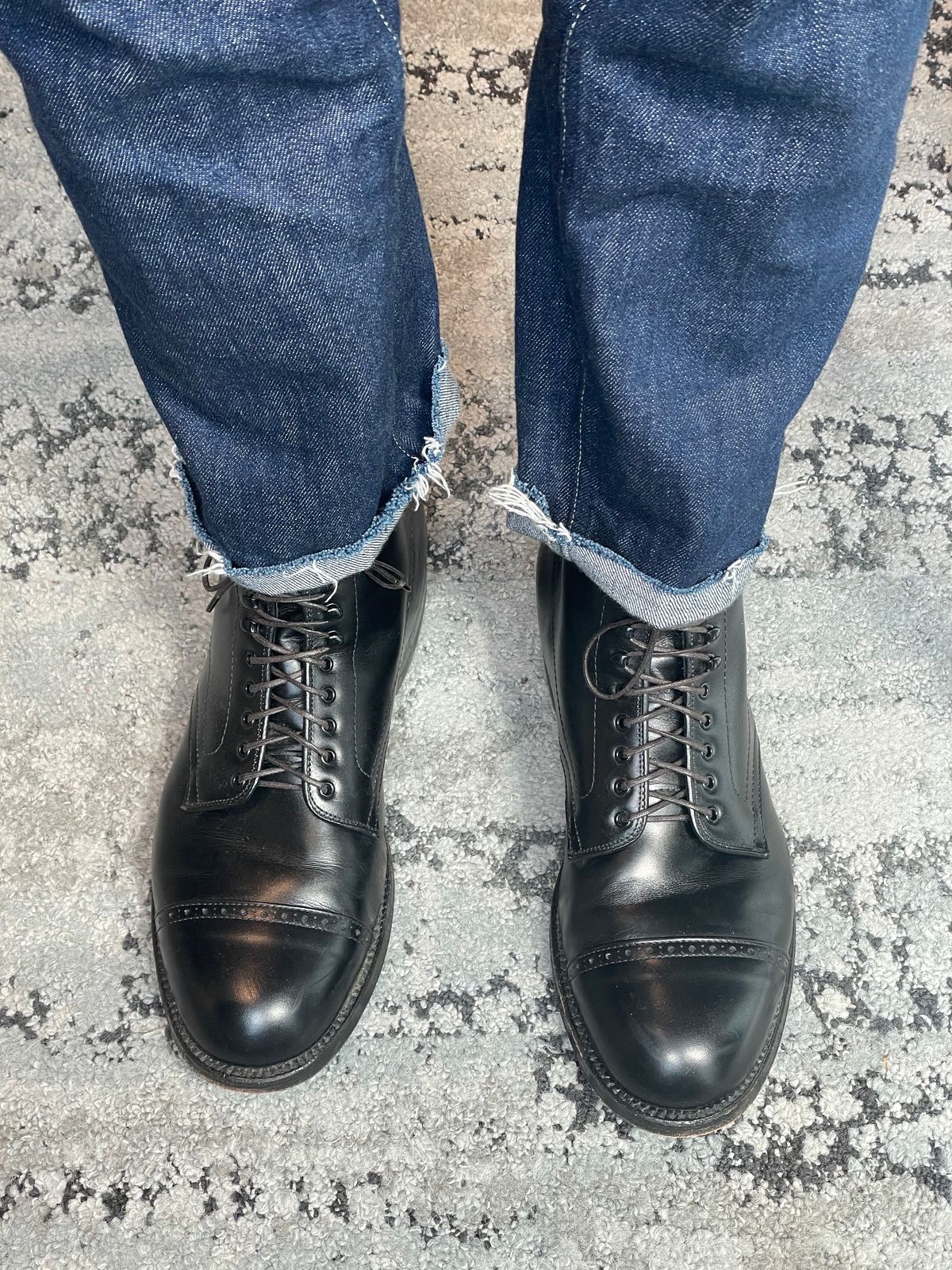 Photo by goodboots_badfeet on August 29, 2024 of the Alden Perforated Cap Toe Boot in D'Annonay Black Calf.