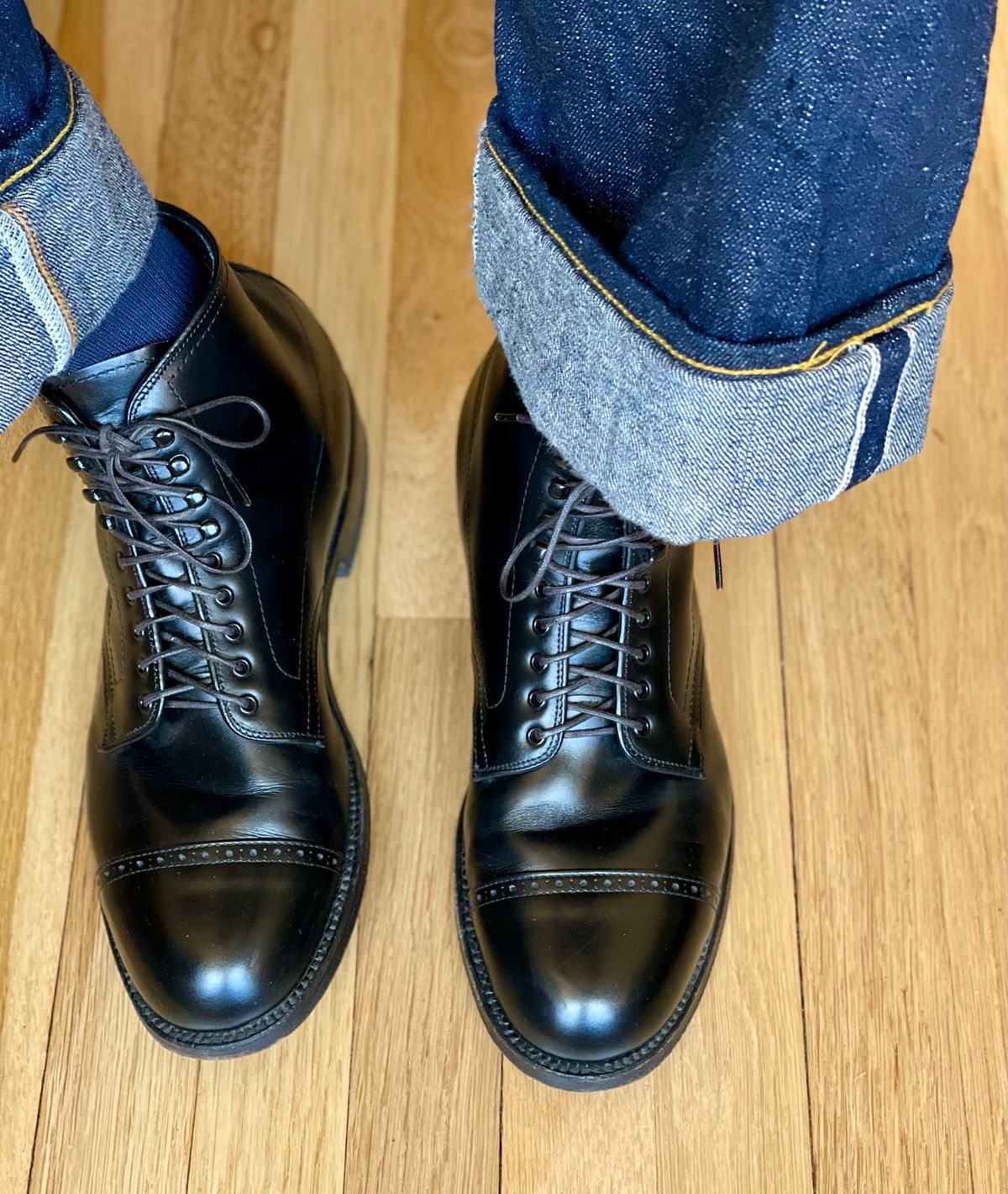 Photo by goodboots_badfeet on March 7, 2025 of the Alden Perforated Cap Toe Boot in D'Annonay Black Calf.