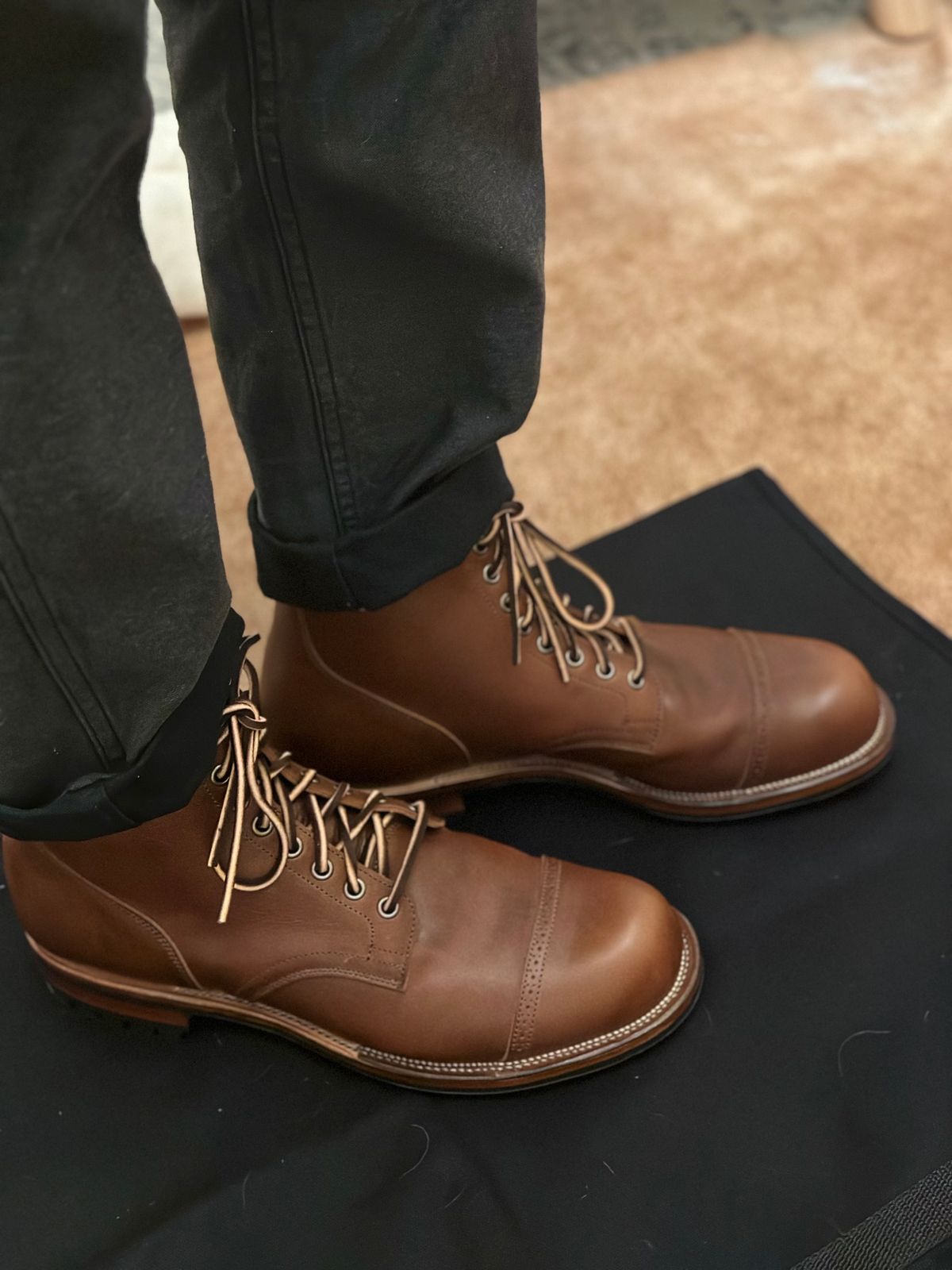 Photo by tailoredgoat on October 5, 2022 of the Viberg Service Boot BCT in C.F. Stead Whisky Regency Calf.