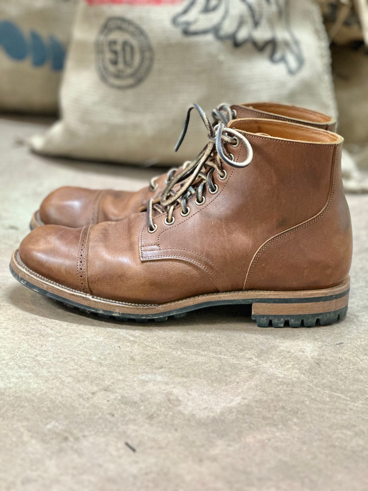Photo by tailoredgoat on February 6, 2023 of the Viberg Service Boot BCT in C.F. Stead Whisky Regency Calf.