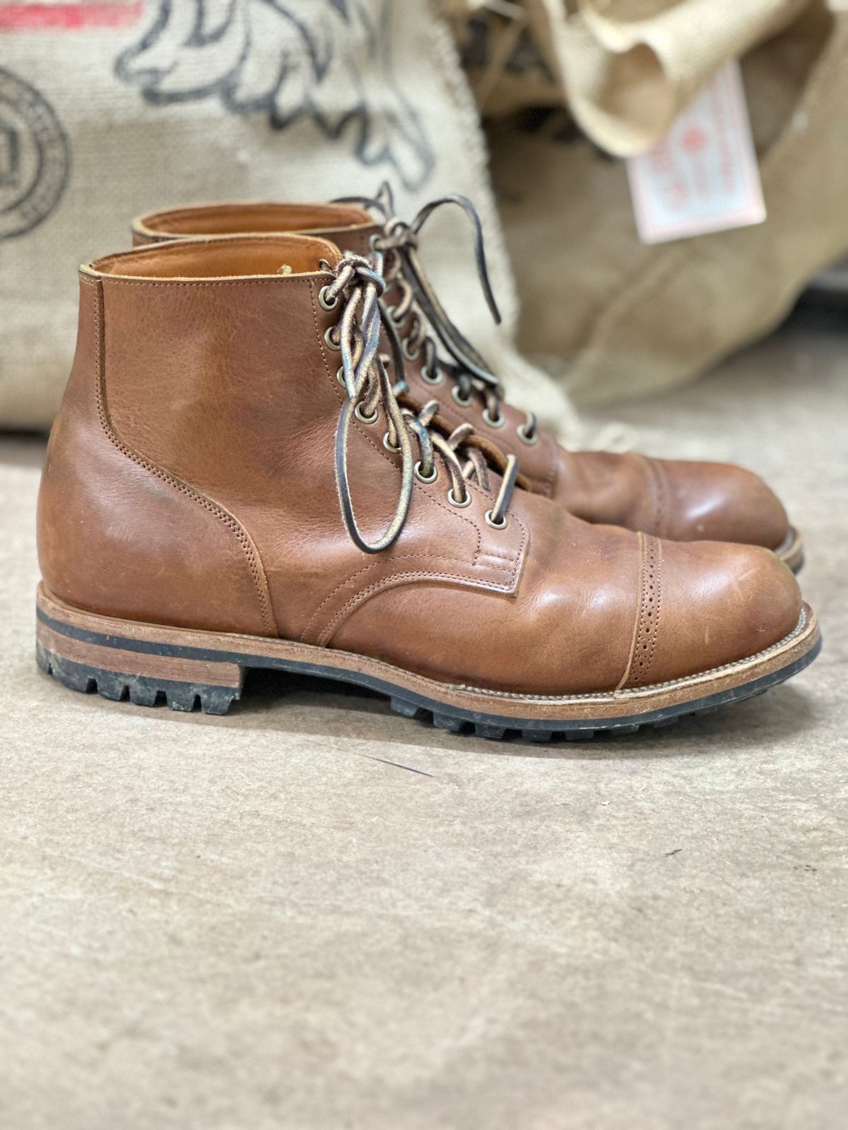 Photo by tailoredgoat on February 6, 2023 of the Viberg Service Boot BCT in C.F. Stead Whisky Regency Calf.