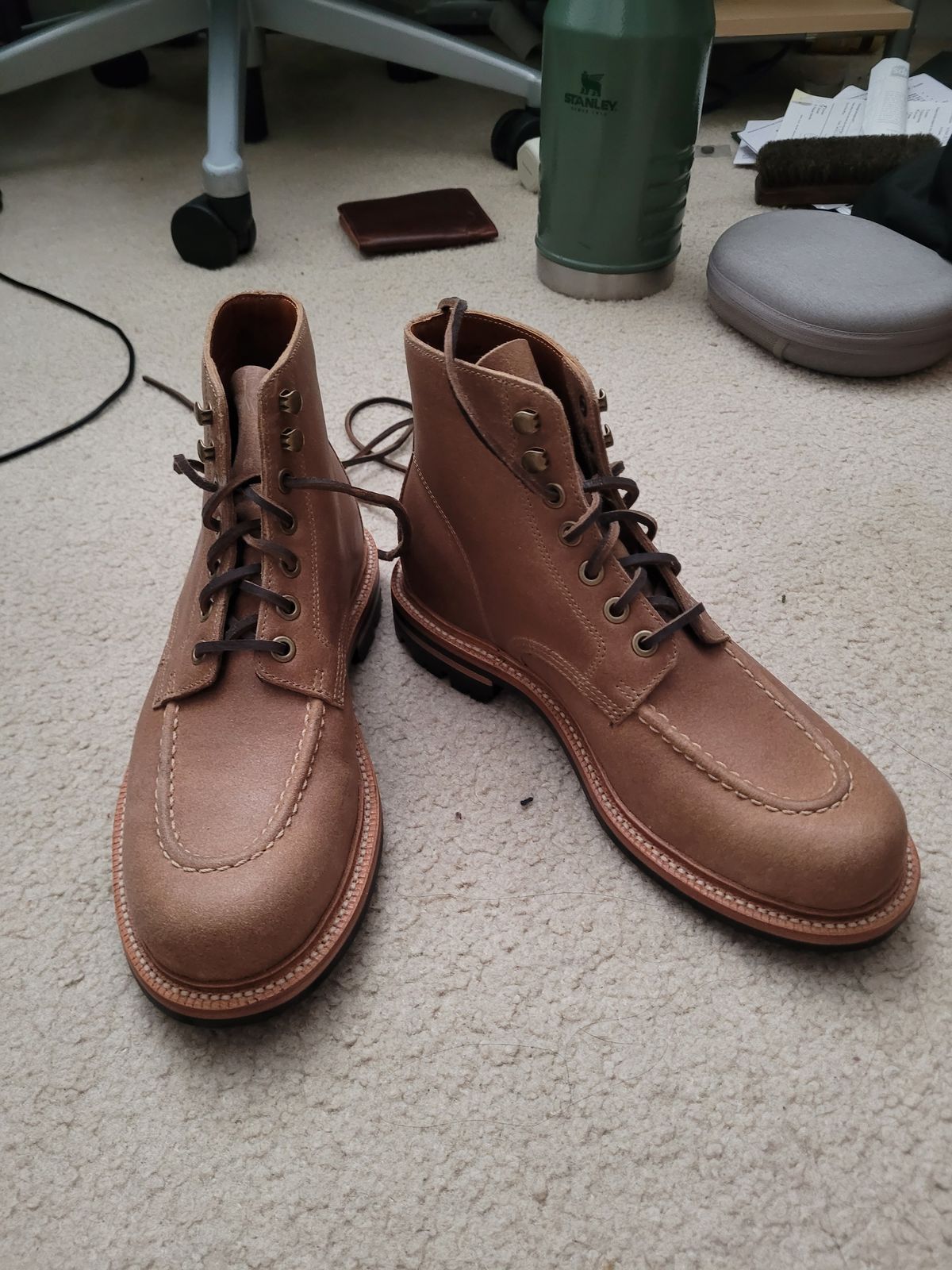 Photo by ttruong3 on October 3, 2023 of the Grant Stone Brass Boot in C.F. Stead Natural Waxy Commander Suede.