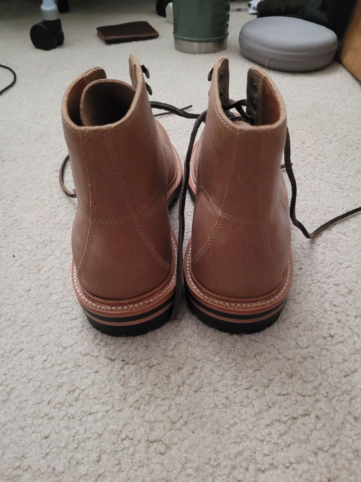 Photo by ttruong3 on October 3, 2023 of the Grant Stone Brass Boot in C.F. Stead Natural Waxy Commander Suede.