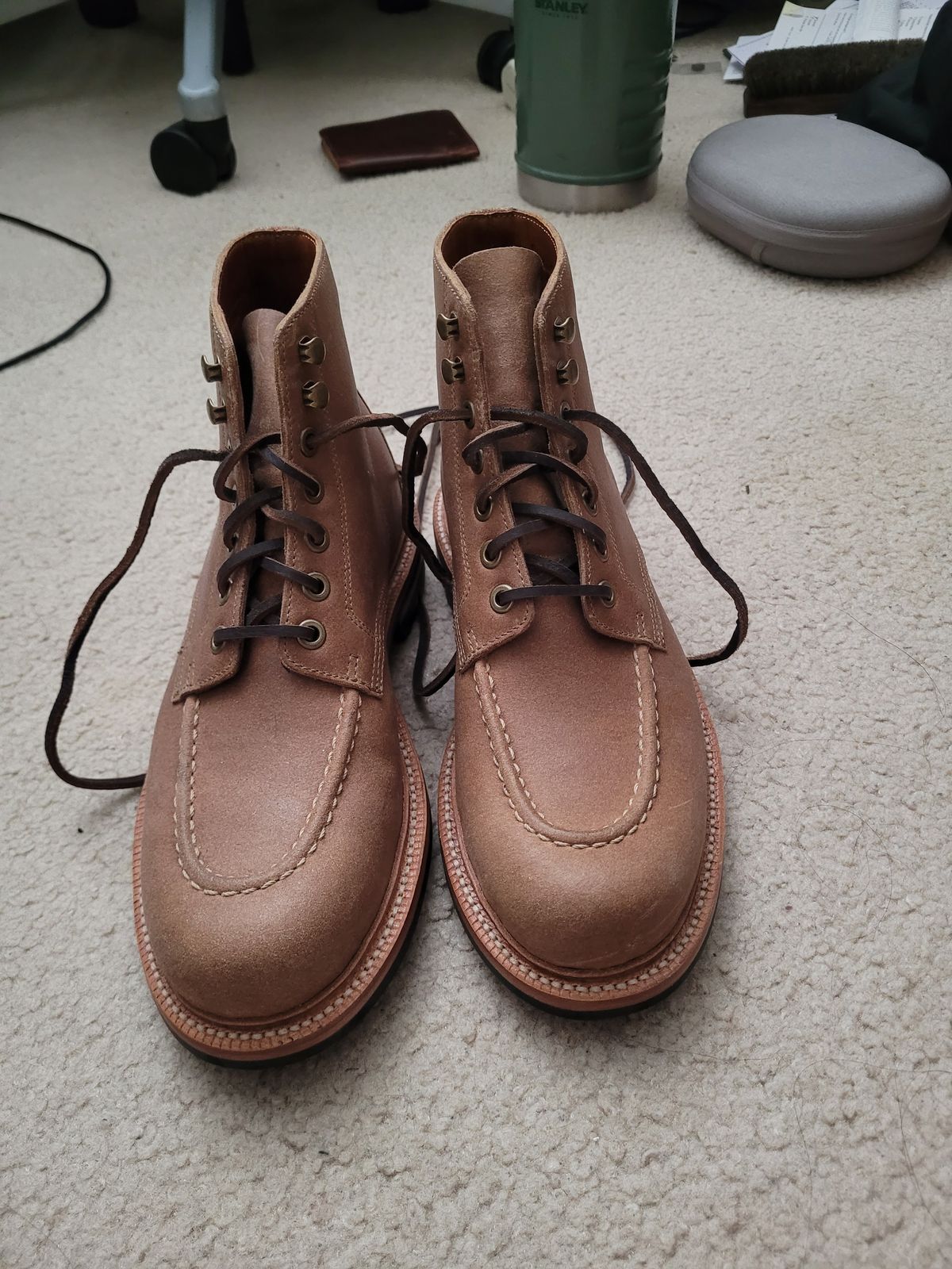 Photo by ttruong3 on October 3, 2023 of the Grant Stone Brass Boot in C.F. Stead Natural Waxy Commander Suede.