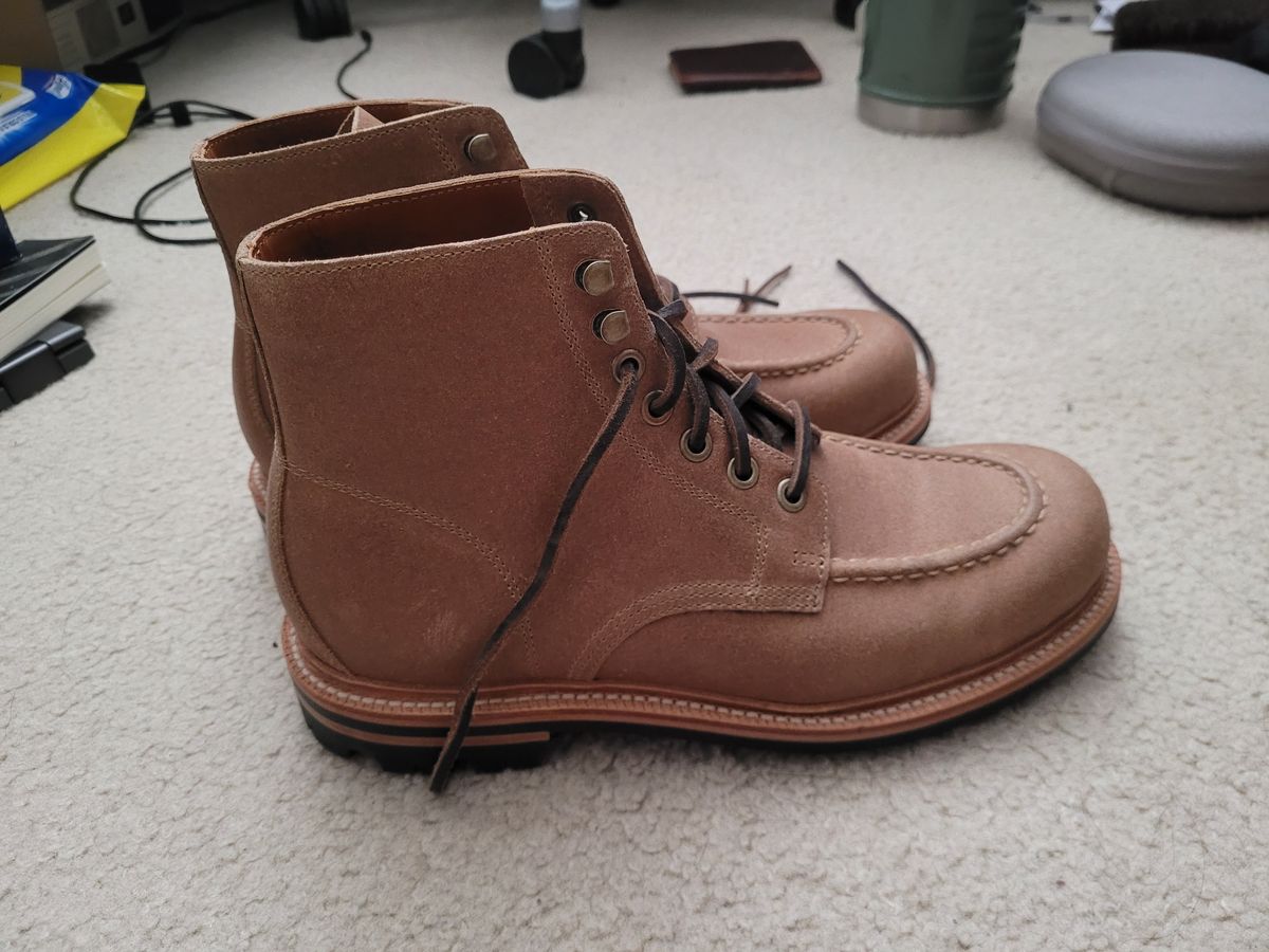 Photo by ttruong3 on October 3, 2023 of the Grant Stone Brass Boot in C.F. Stead Natural Waxy Commander Suede.