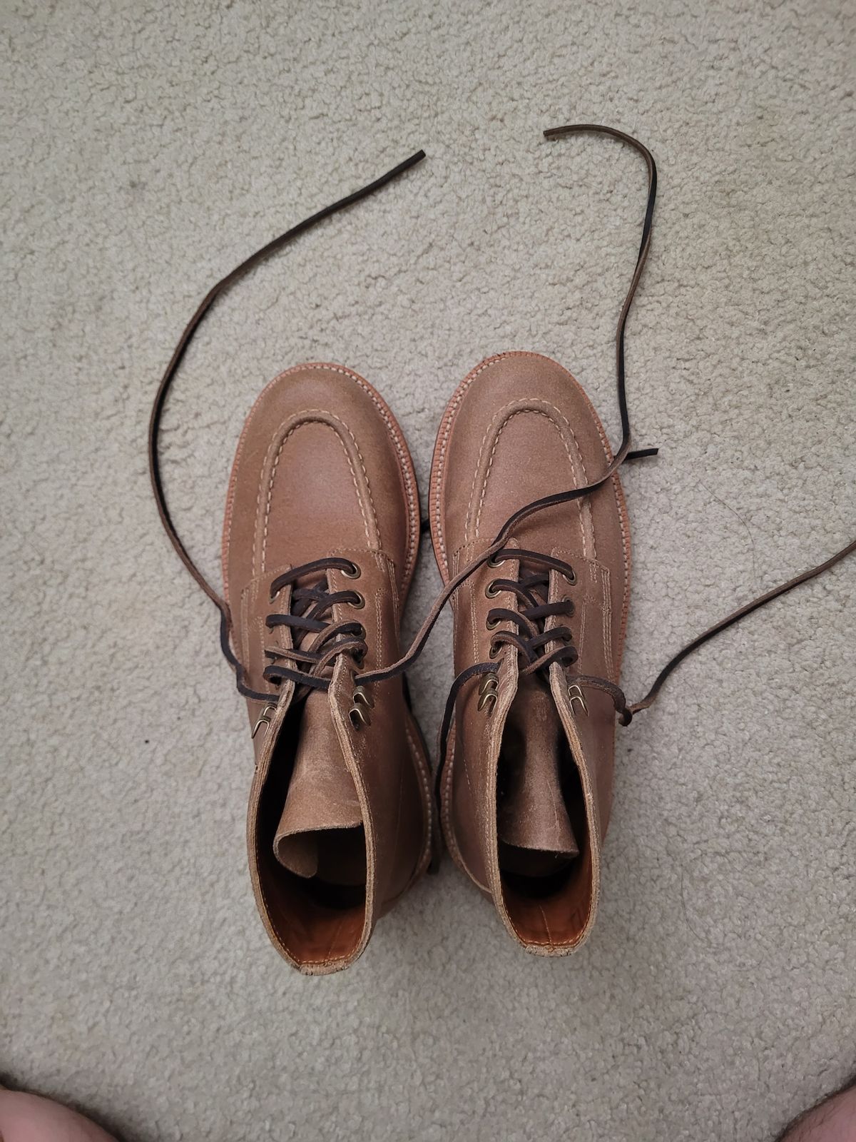 Photo by ttruong3 on October 3, 2023 of the Grant Stone Brass Boot in C.F. Stead Natural Waxy Commander Suede.