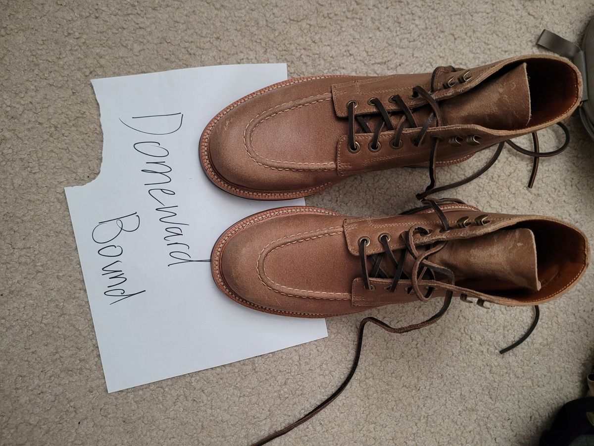 Photo by ttruong3 on October 3, 2023 of the Grant Stone Brass Boot in C.F. Stead Natural Waxy Commander Suede.