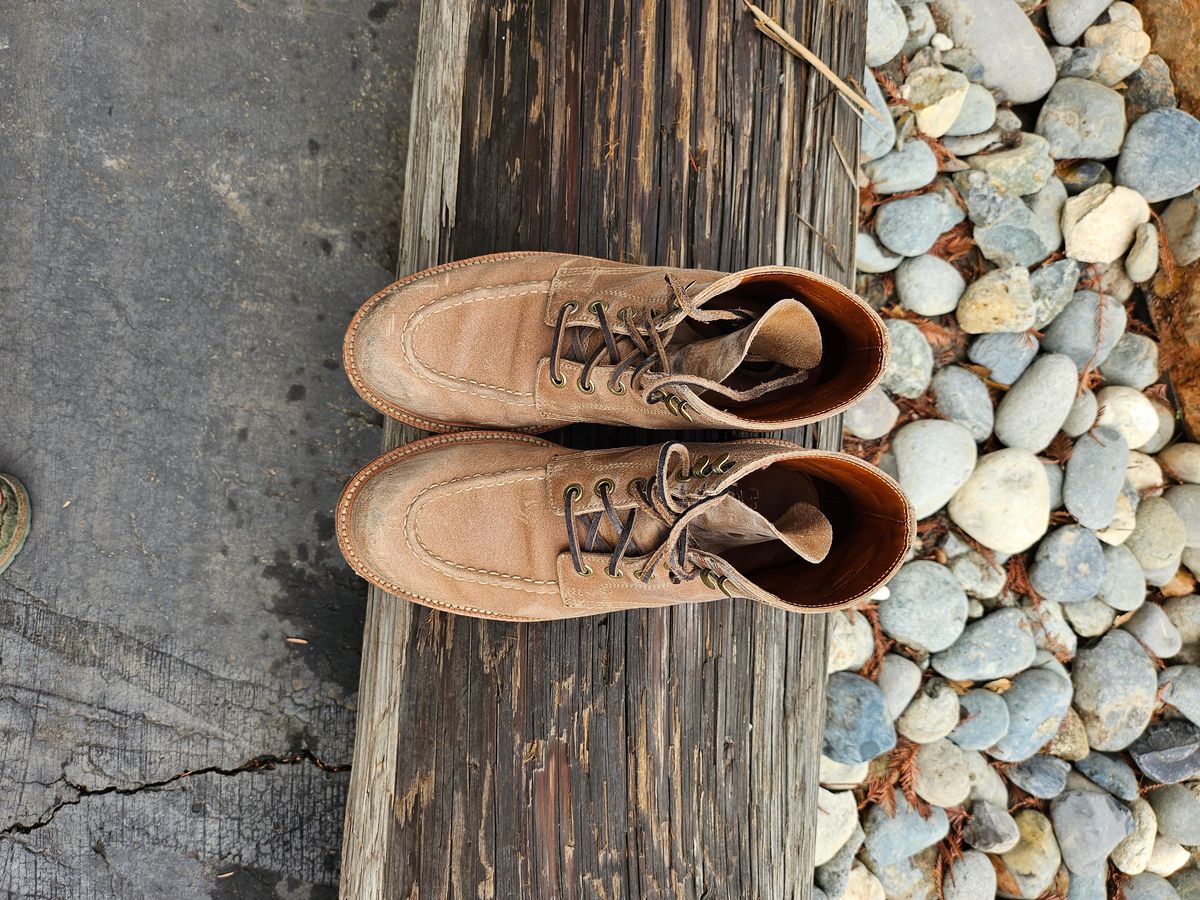 Photo by ttruong3 on November 5, 2023 of the Grant Stone Brass Boot in C.F. Stead Natural Waxy Commander Suede.