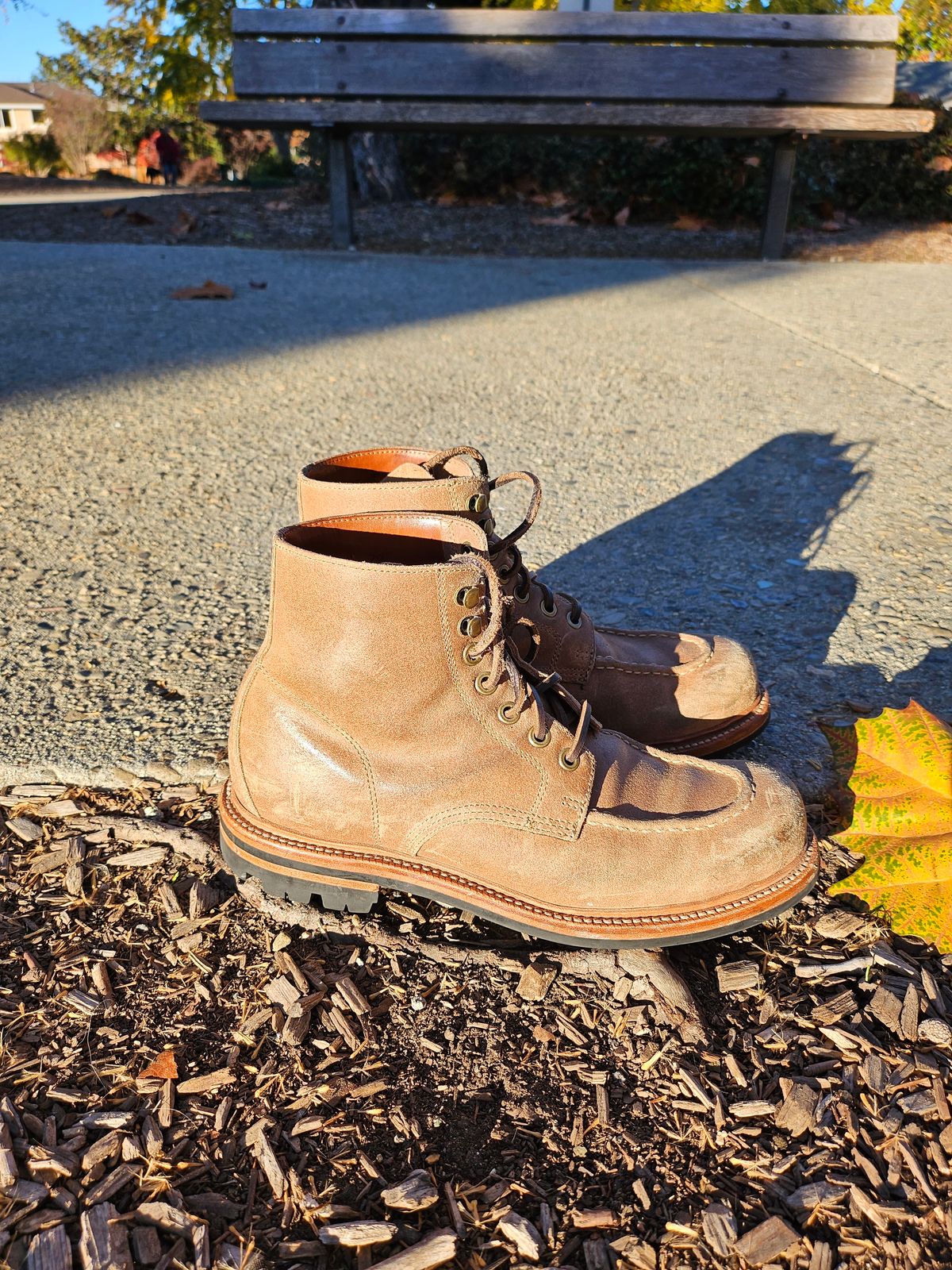 Photo by ttruong3 on December 4, 2023 of the Grant Stone Brass Boot in C.F. Stead Natural Waxy Commander Suede.