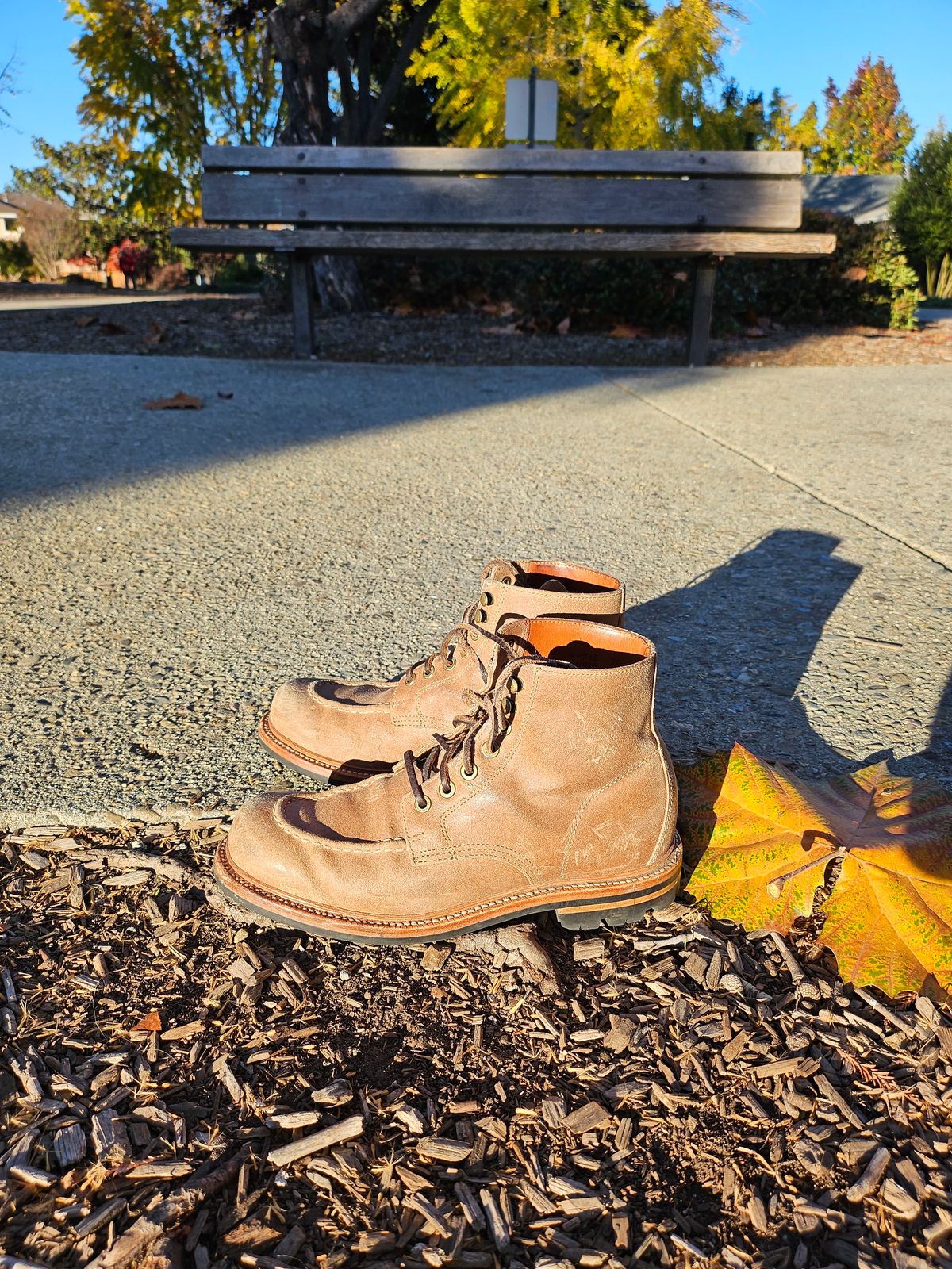 Photo by ttruong3 on December 4, 2023 of the Grant Stone Brass Boot in C.F. Stead Natural Waxy Commander Suede.