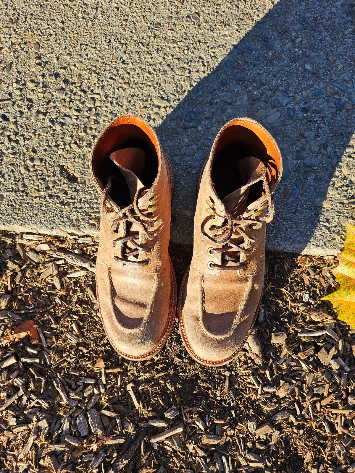 Photo by ttruong3 on December 4, 2023 of the Grant Stone Brass Boot in C.F. Stead Natural Waxy Commander Suede.