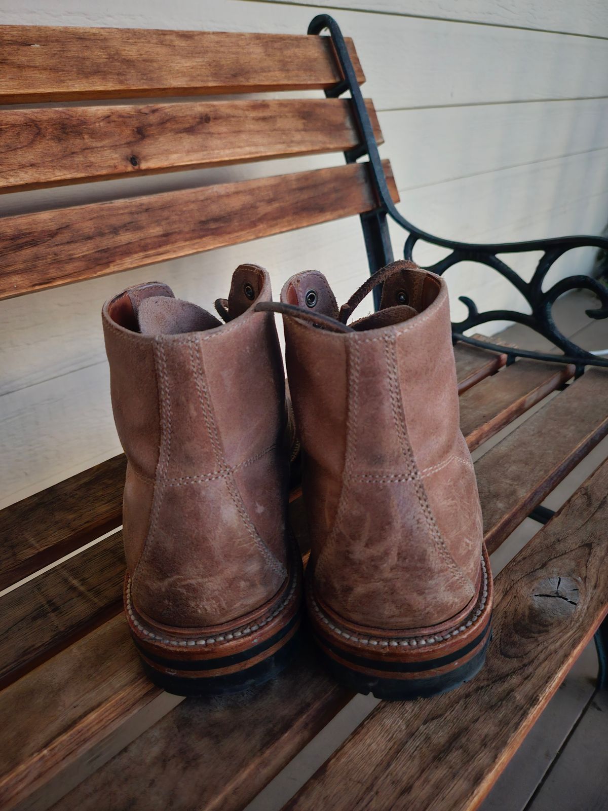 Photo by ttruong3 on January 5, 2024 of the Grant Stone Brass Boot in C.F. Stead Natural Waxy Commander Suede.