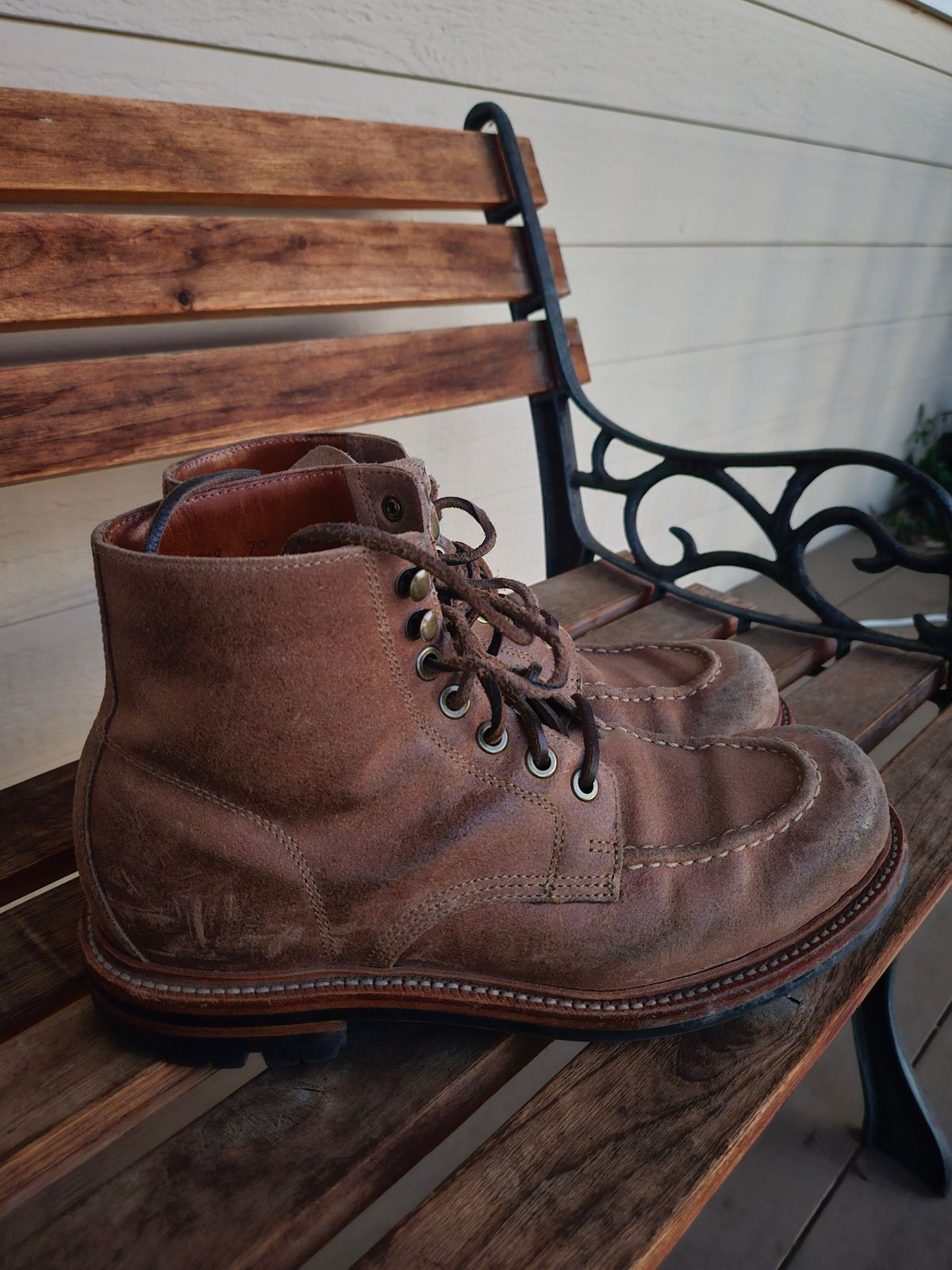 Photo by ttruong3 on January 5, 2024 of the Grant Stone Brass Boot in C.F. Stead Natural Waxy Commander Suede.