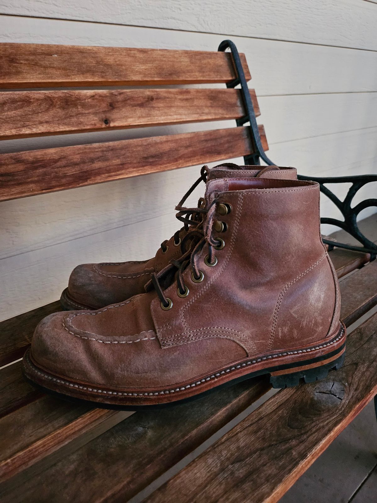 Photo by ttruong3 on January 5, 2024 of the Grant Stone Brass Boot in C.F. Stead Natural Waxy Commander Suede.